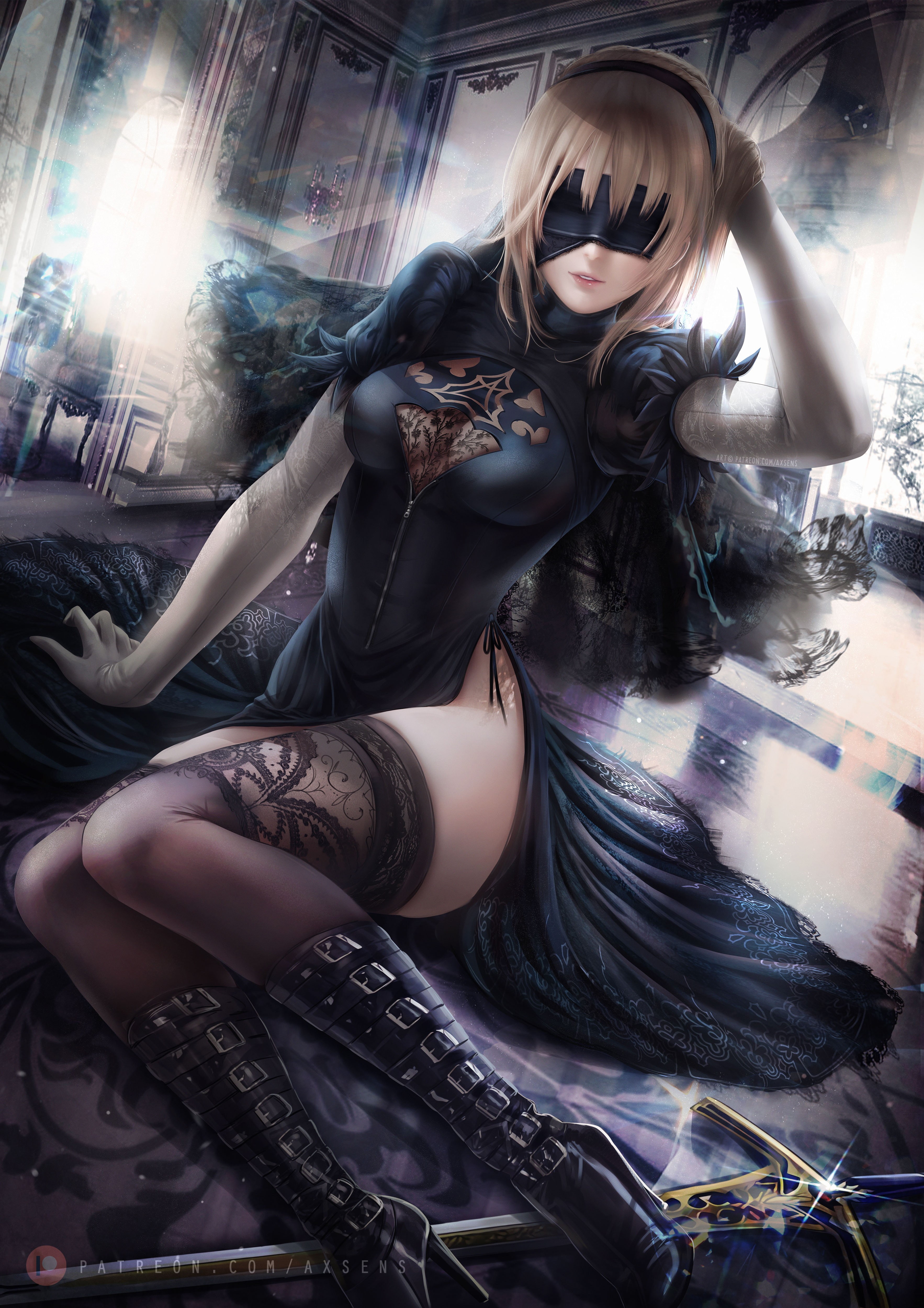 digital art, video game characters, Nier: Automata, 4K, fan art, 2B (Nier: Automata), axsens, short hair, thigh-highs, artwork, illustration, video games, Phone HD Wallpaper