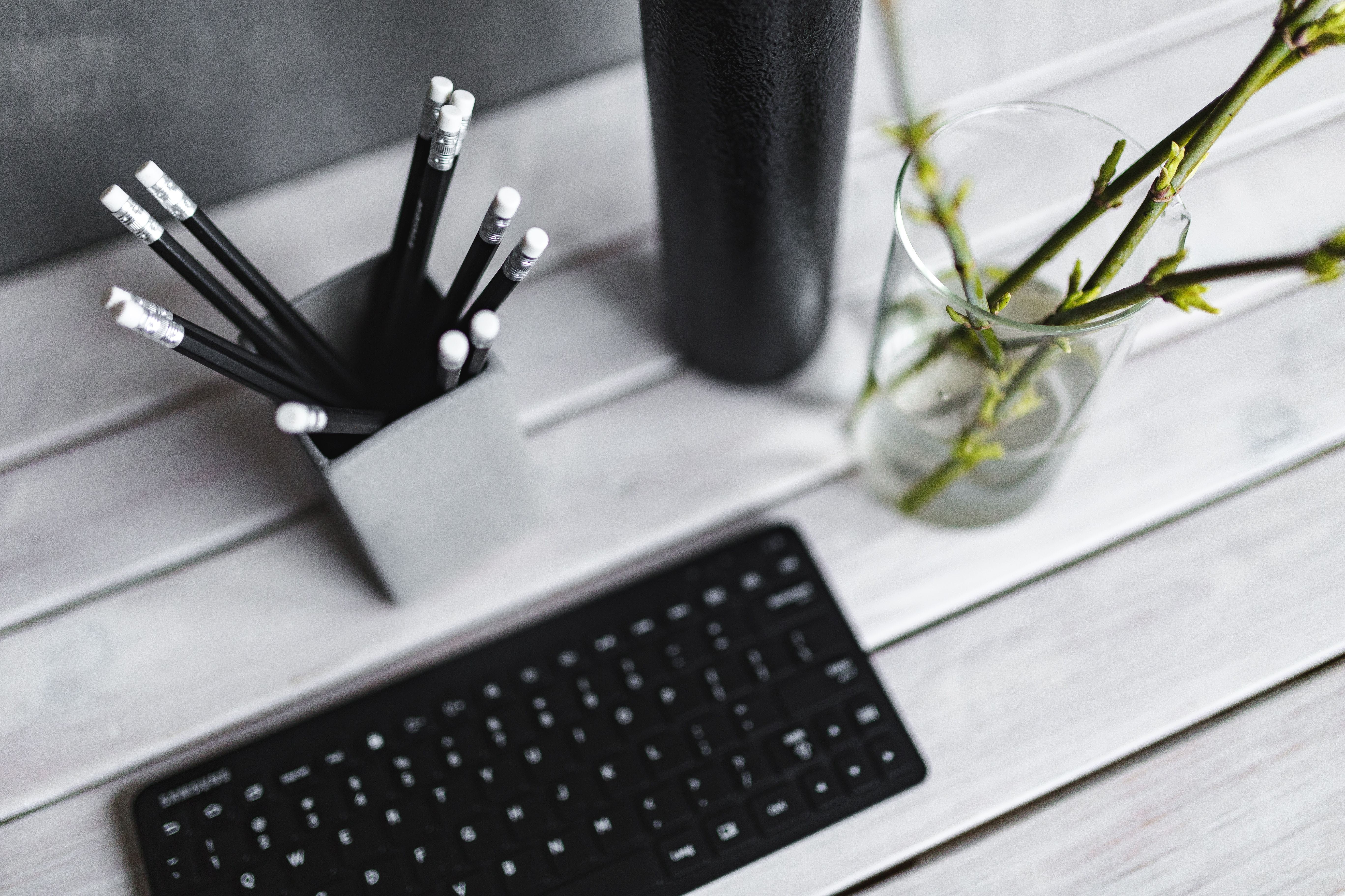 bottle, black, desk organizer, indoors, working, table, furniture, computer, wood - Material, equipment, computer keyboard, technology, pencils, communication, HD Wallpaper