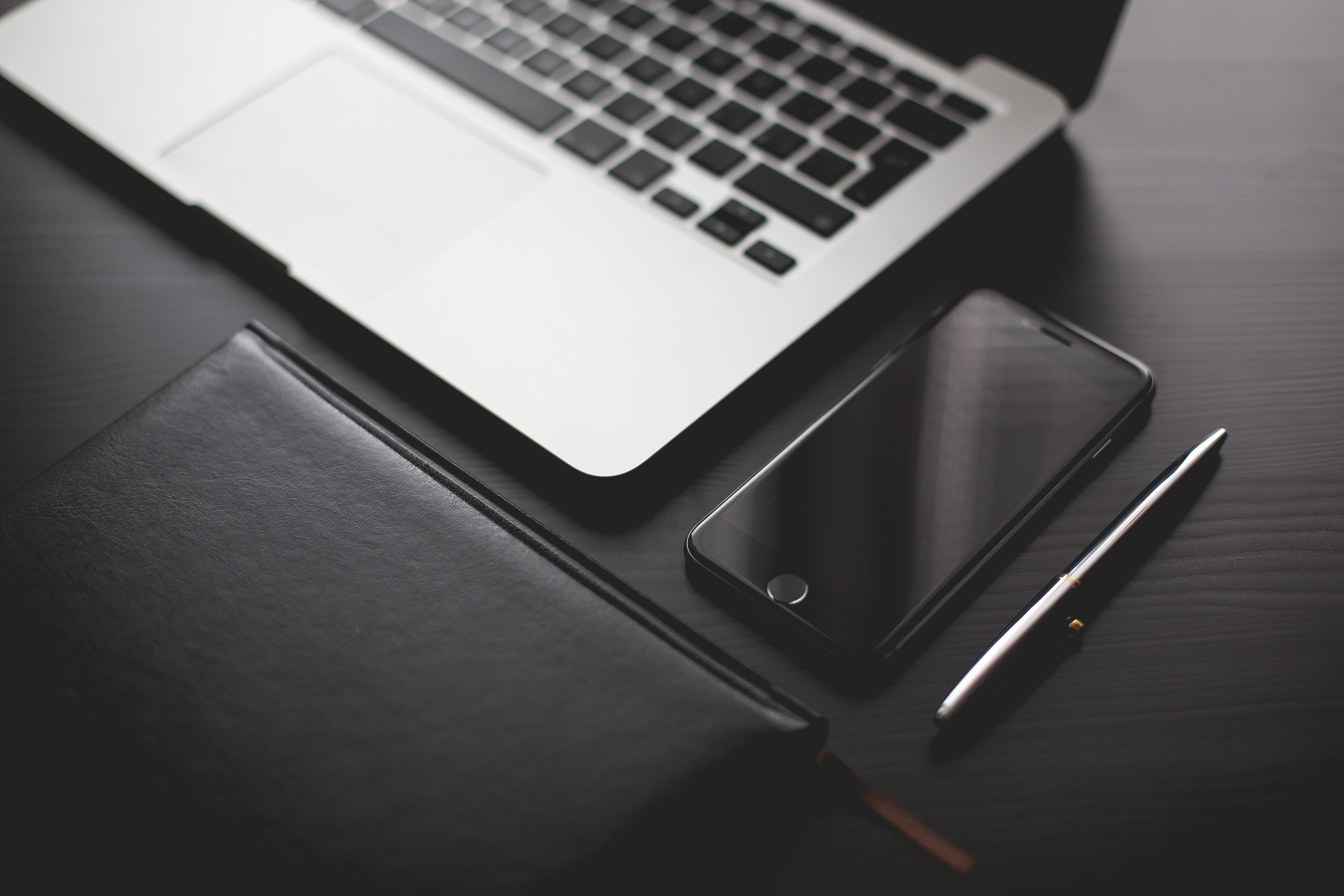 modern, styled, black, computer equipment, diary, business, laptop, keyboard, devices, pC, technology, computer, iphone, computer key, indoors, pen, pro, HD Wallpaper