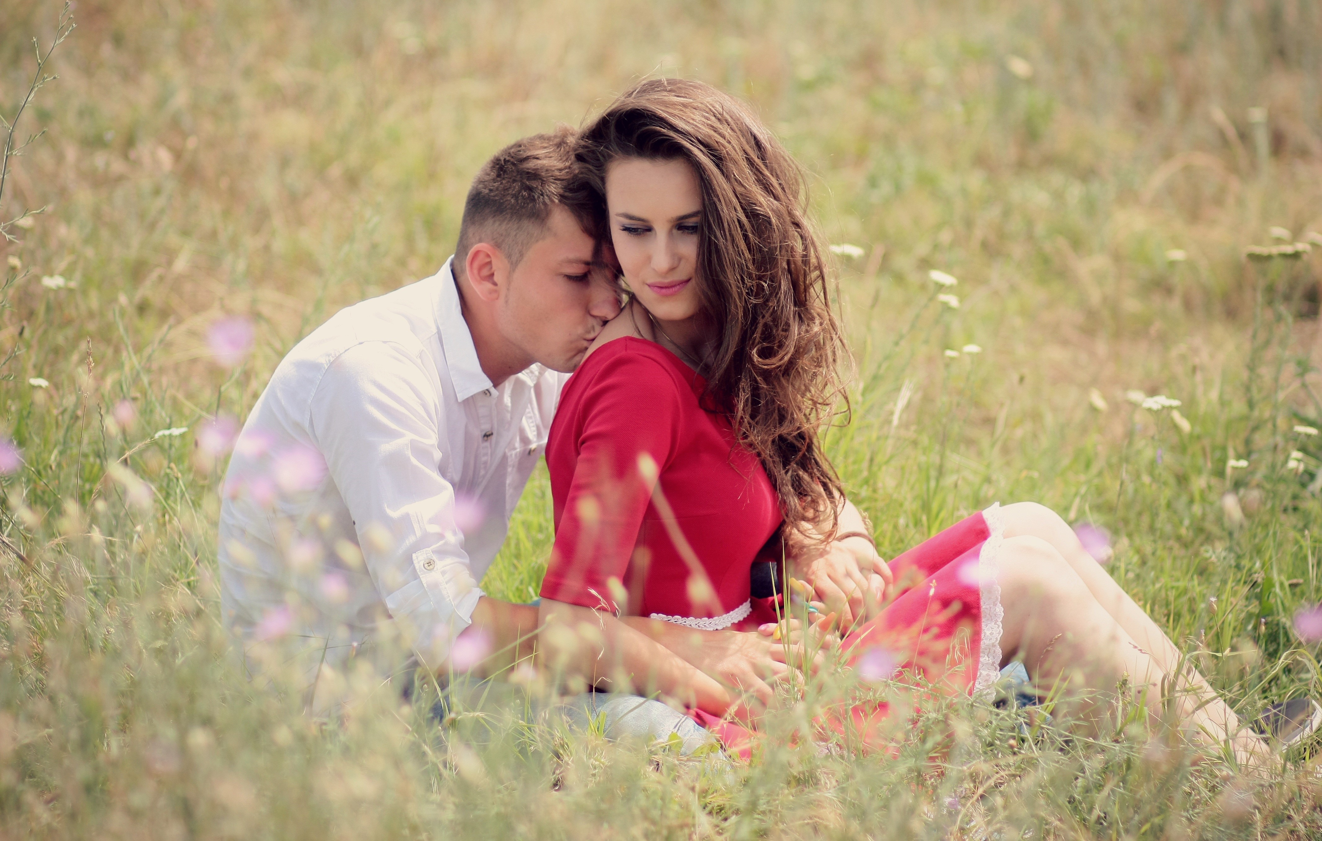 daytime, togetherness, love, beauty, happiness, outdoors, man, woman, caucasian Ethnicity, smiling, boy, sitting, women, kiss, field, young men, couple - Relationship, HD Wallpaper