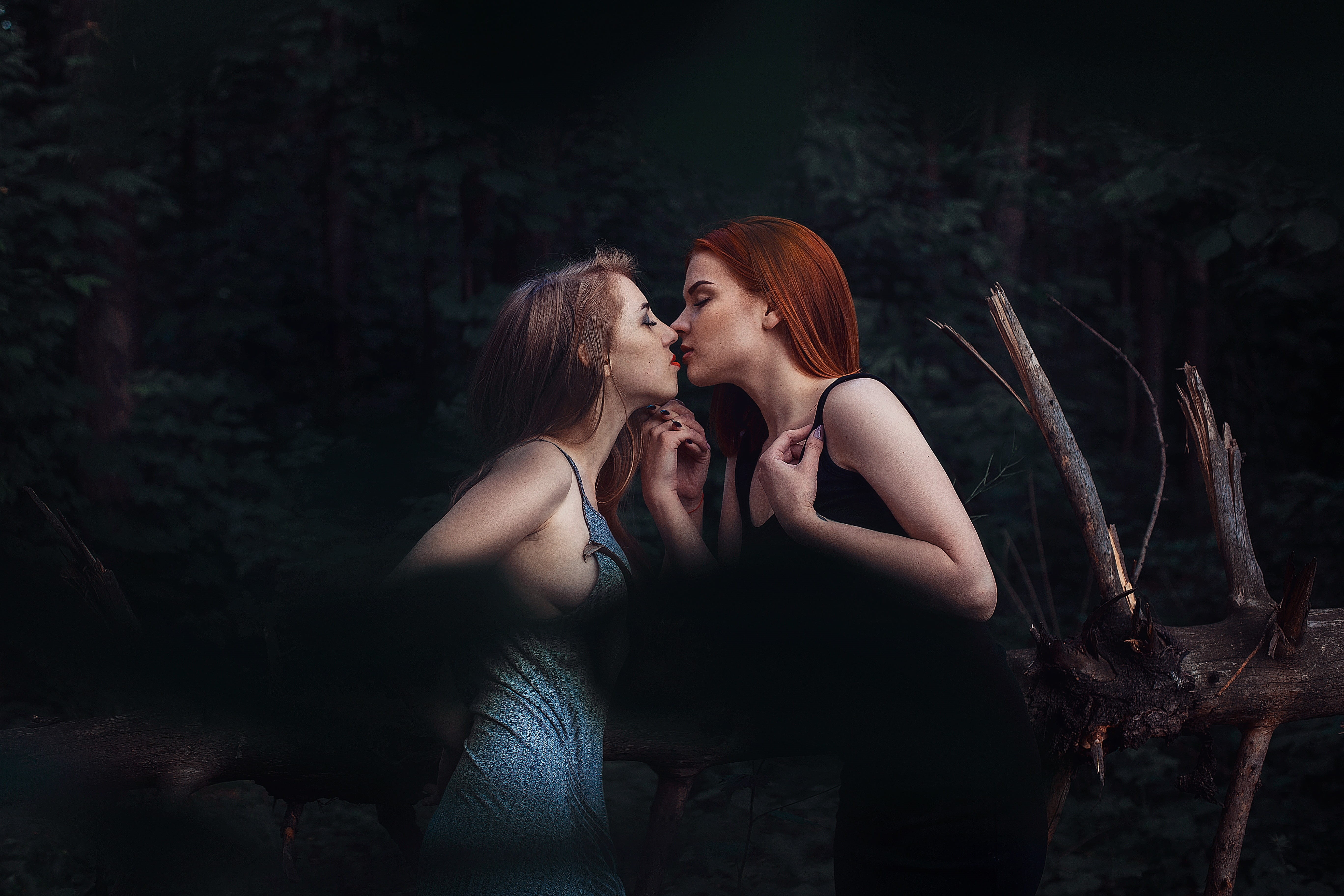 love, passion, redhead, couple - relationship, woodland, dark, emotion, outdoors, two people, lesbians, young adult, togetherness, women, forest, dyed red hair, HD Wallpaper