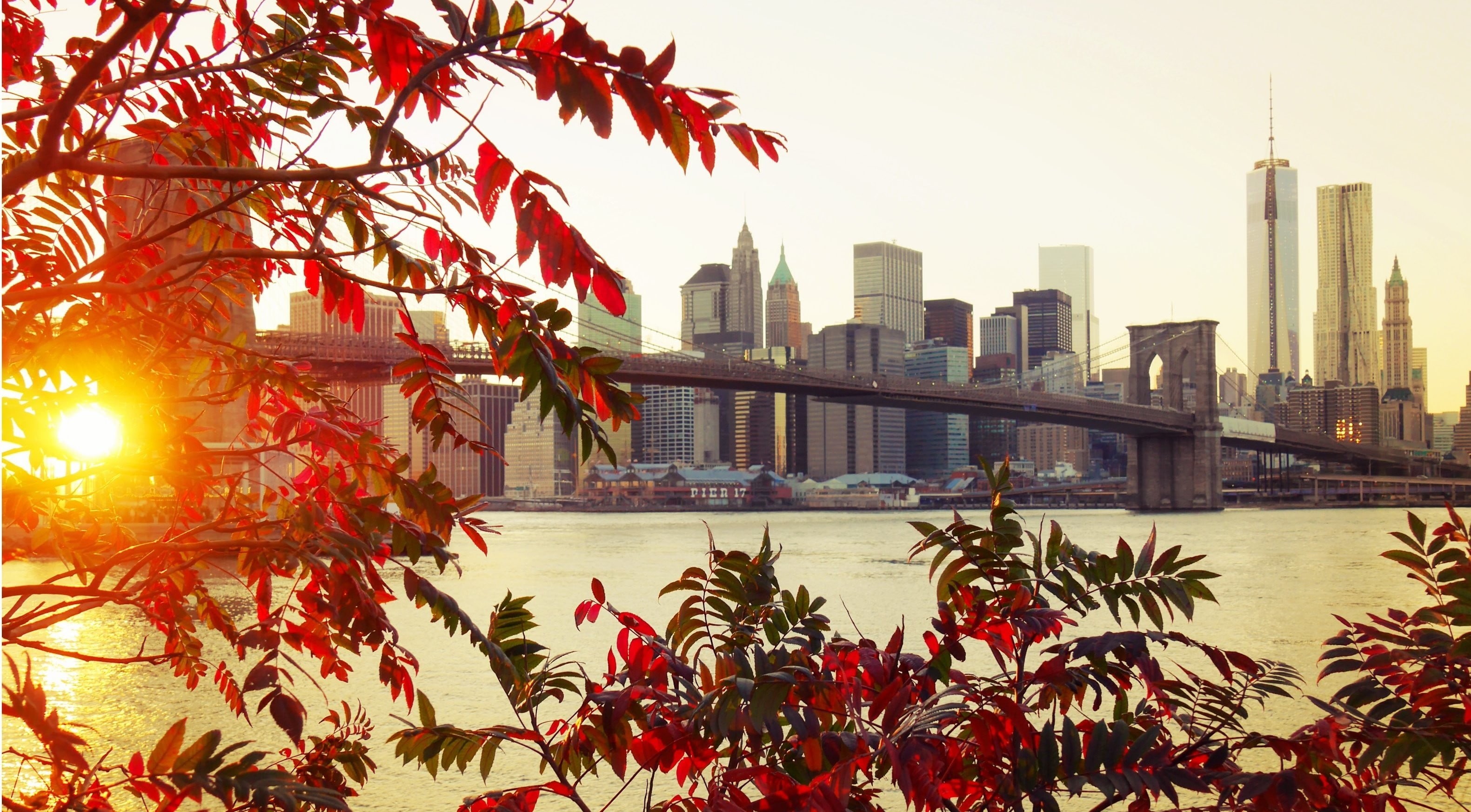 river, landscape, New York City, new York State, cityscape, urban Skyline, dusk, water, city Life, travel Destinations, red, office Building, brooklyn, HD Wallpaper