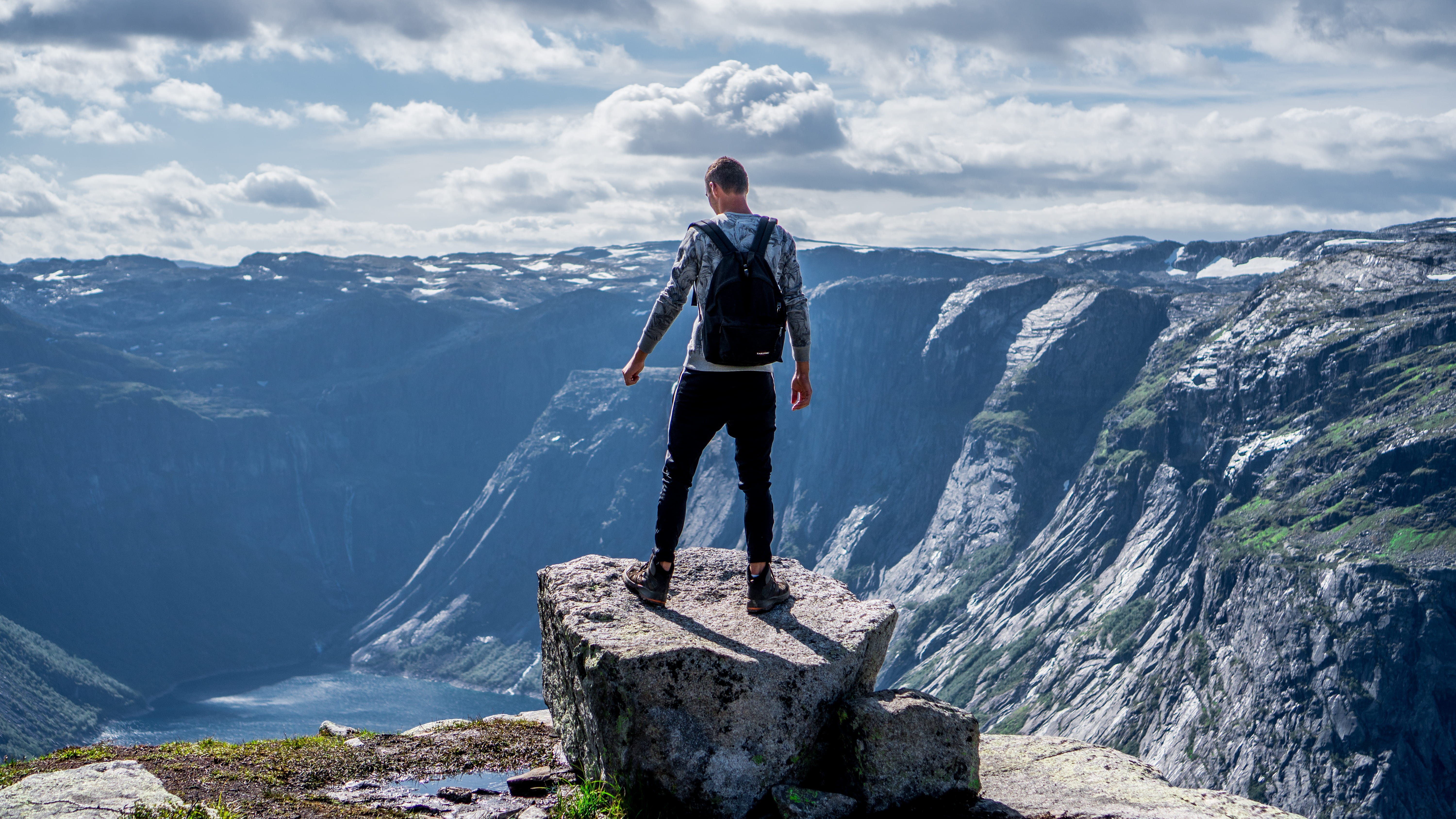 casual clothing, adventure, person, tranquil scene, beauty in nature, standing, alps, edge, nature, mountain range, full length, human, outdoors, rock - object, HD Wallpaper