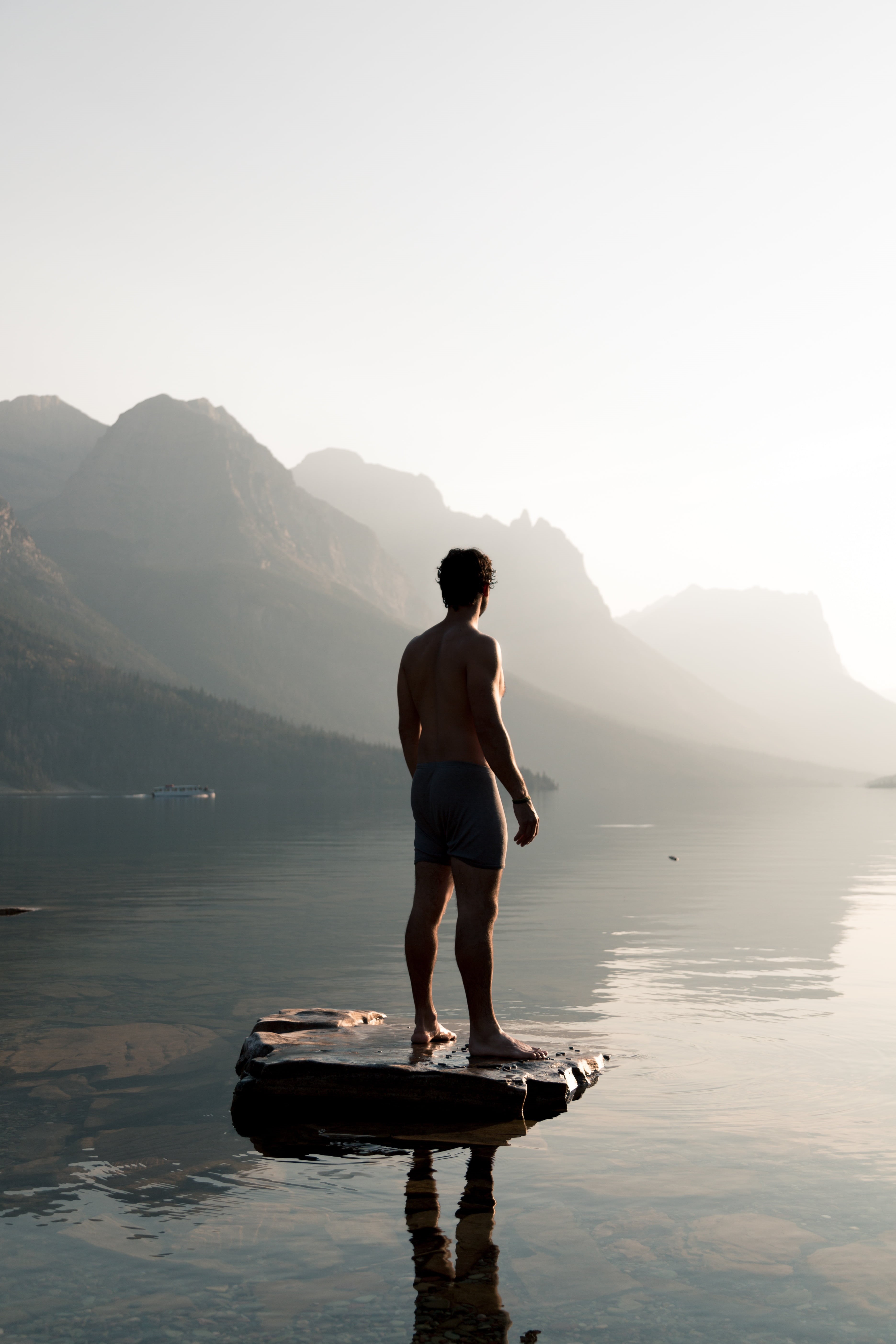 people, beauty in nature, sky, photo, 5K, non-urban scene, clouds, mountain, tranquility, adult, lake, swimming, man, standing, brown, water, reflection, Phone HD Wallpaper