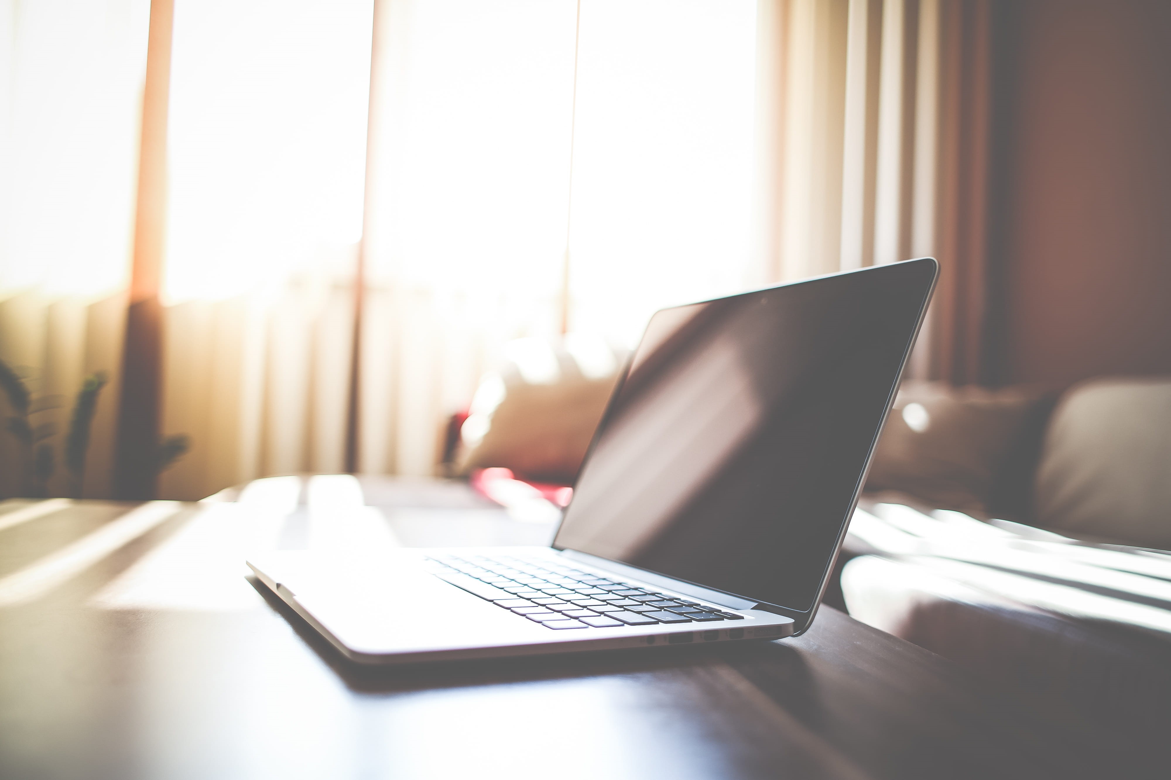 selective focus, laptop, room, internet, thin, furniture, computer, indoors, domestic Room, 4K, Living Room, window, modern, home Interior, bed, no People, HD Wallpaper