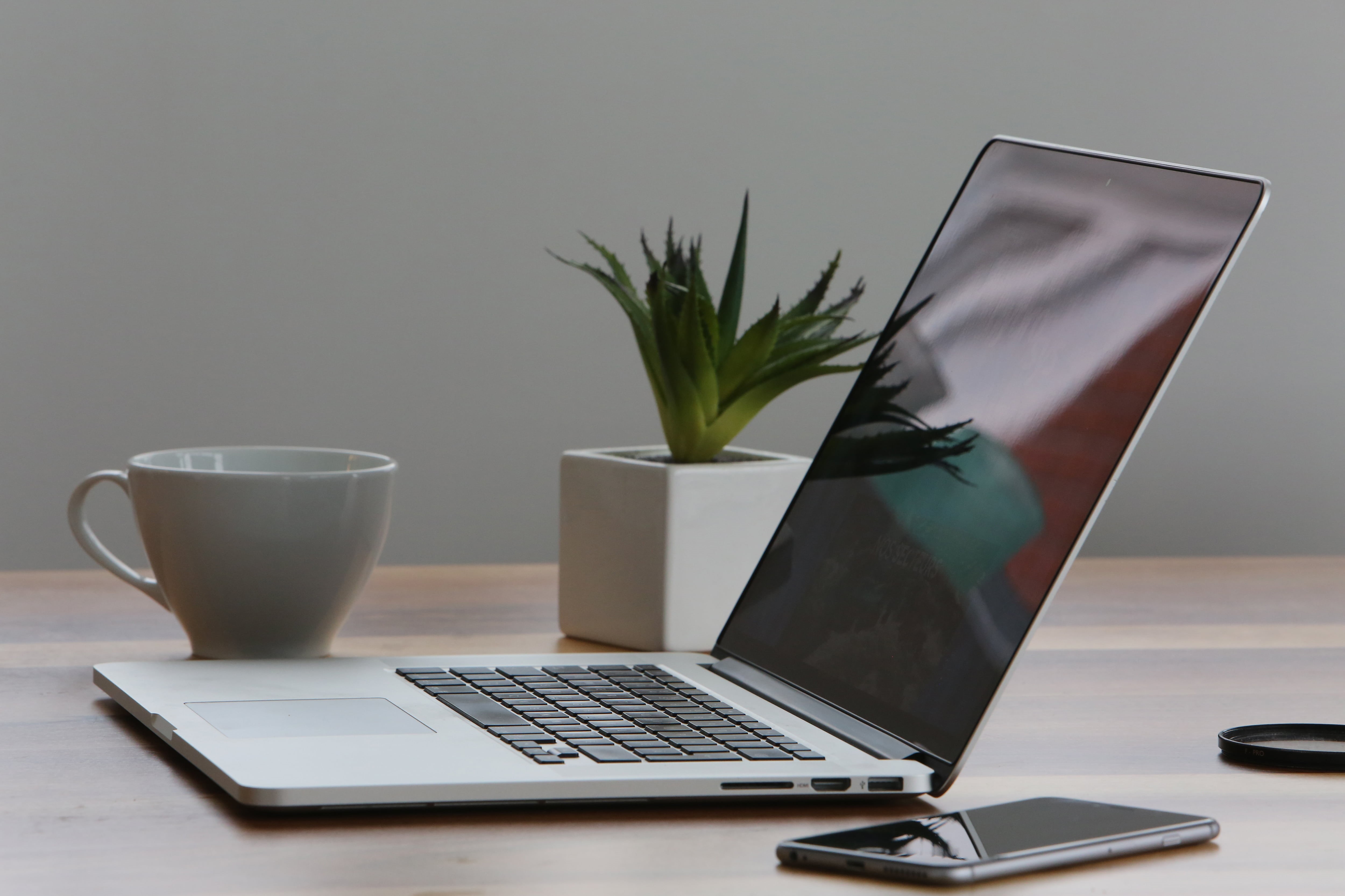 indoors, cup, plant, refreshment, pen, silver, office, internet, macbook, computer, beside, 4K, pro, studio shot, potted plant, mobile, iphone, keyboard, HD Wallpaper