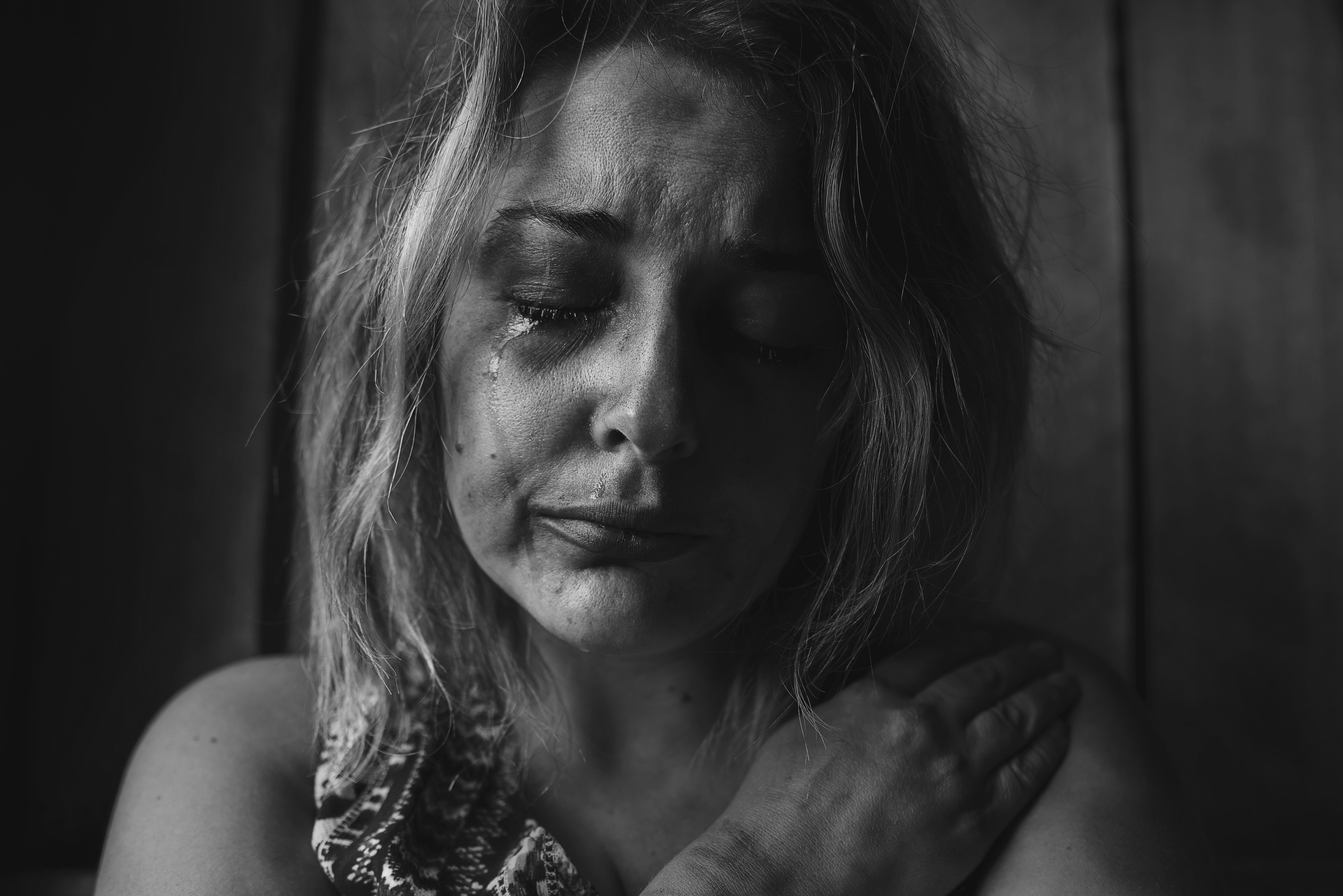 crying, blur, emotion, beautiful woman, indoors, sorrow, female, dark, face, cry, looking at camera, photoshoot, headshot, 5K, sadness, one person, close-up, HD Wallpaper