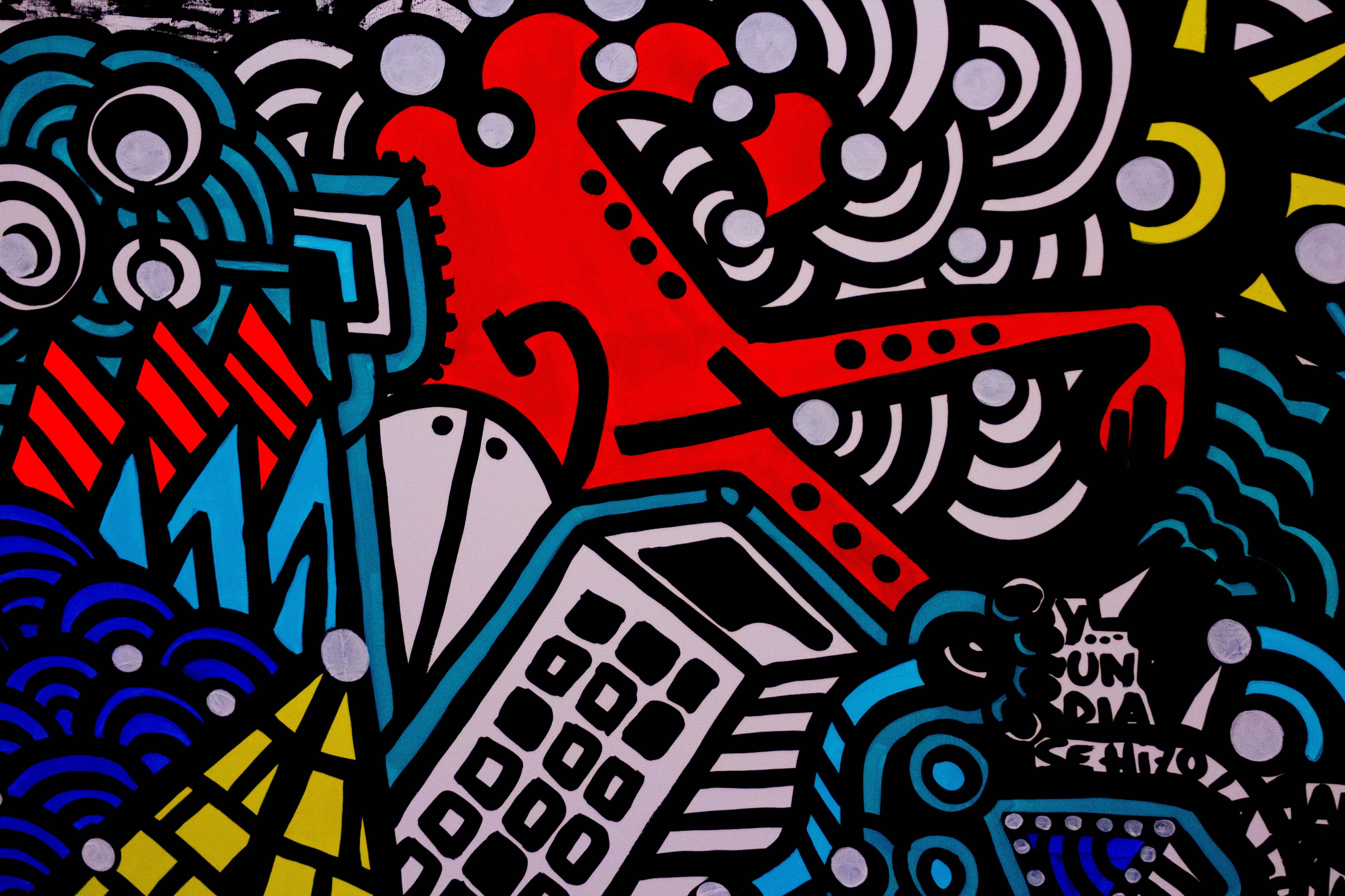 indoors, close-up, circuit board, doodle, text, sign, backgrounds, 5K, street art, connection, multicolored, lines, pattern, western script, full frame, HD Wallpaper