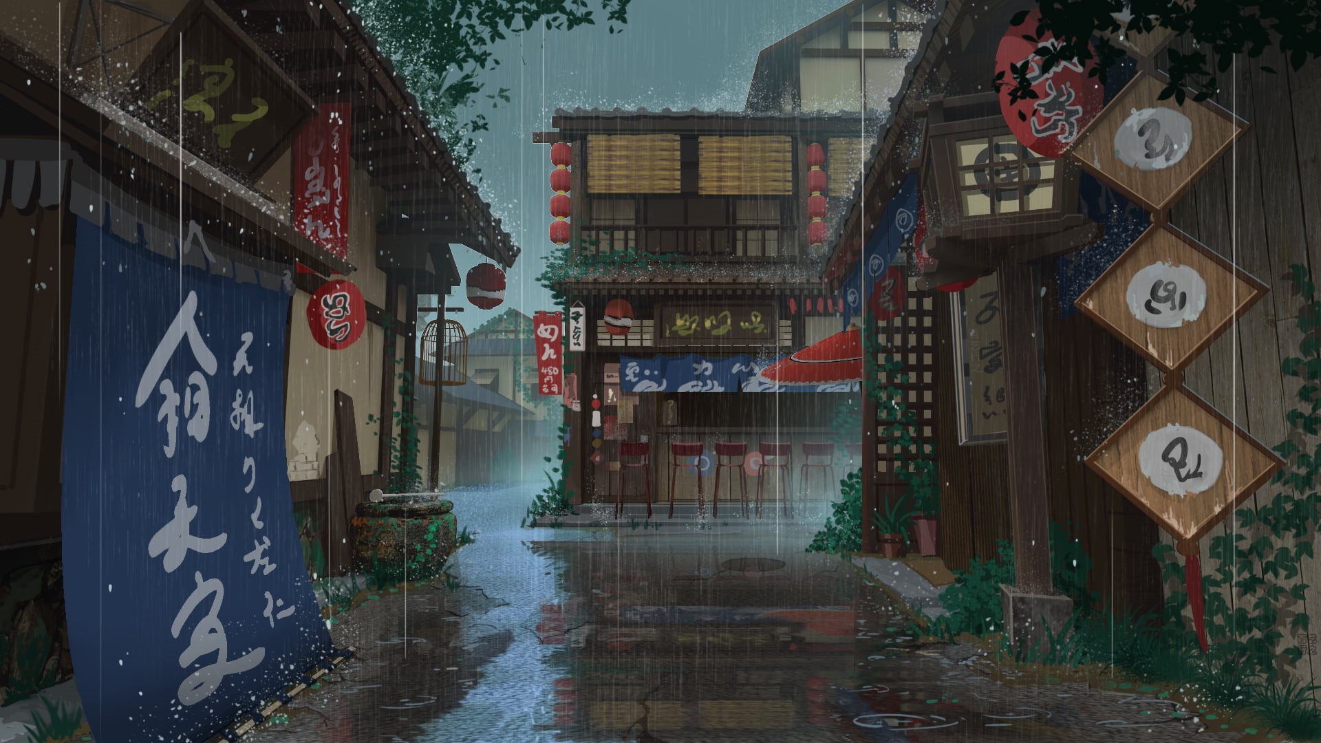 Street, Original, Anime, 1080P, Rain, House, HD Wallpaper