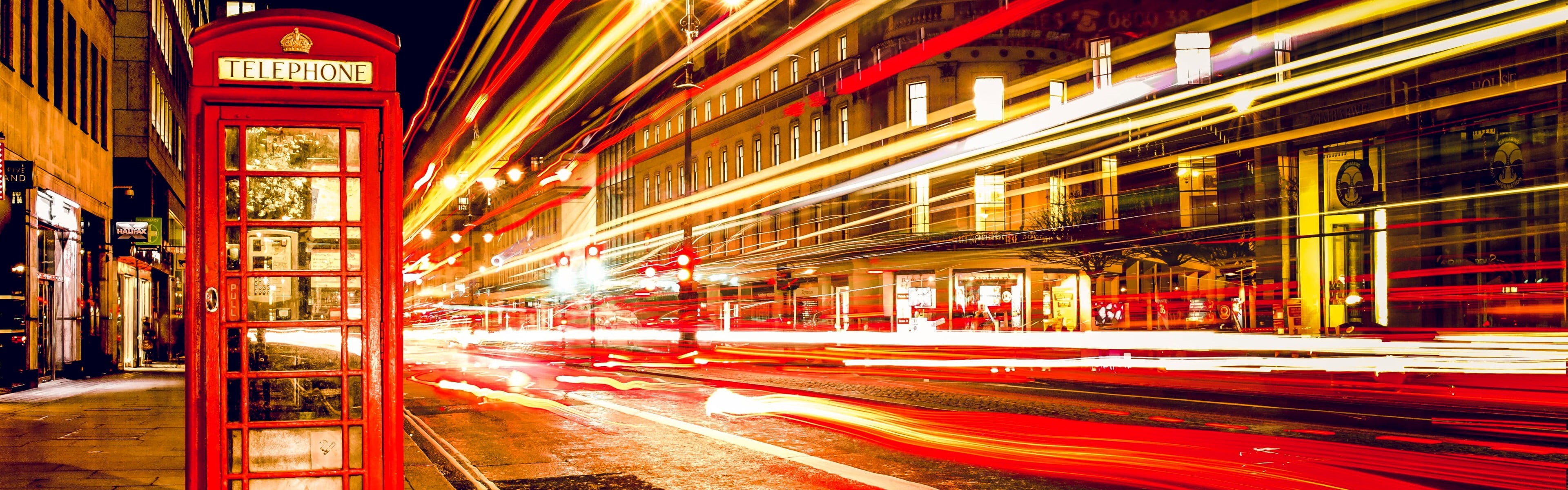 built structure, long exposure, night, illuminated, cityscape, city, London, lights, phone box, city life, no people, mode of transportation, light trail, HD Wallpaper