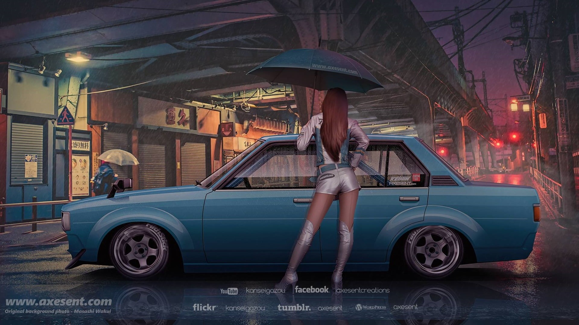 men, land vehicle, Axesent Creations, full length, render, Japanese cars, JDM, street, motor vehicle, rain, built structure, transportation, illuminated, HD Wallpaper