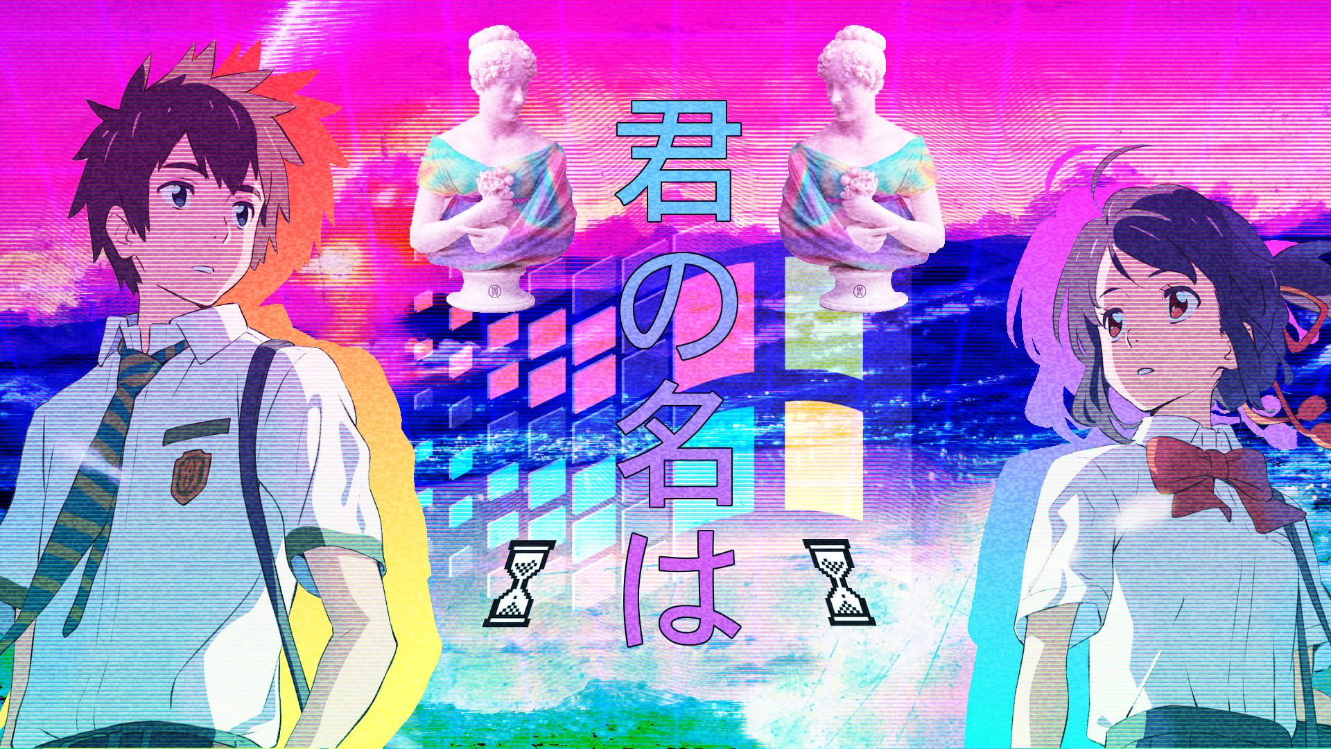 Tachibana Taki, vaporwave, digital composite, waist up, Miyamizu Mitsuha, child, technology, teenager, communication, Kimi no Na Wa, men, data, Your Name, HD Wallpaper