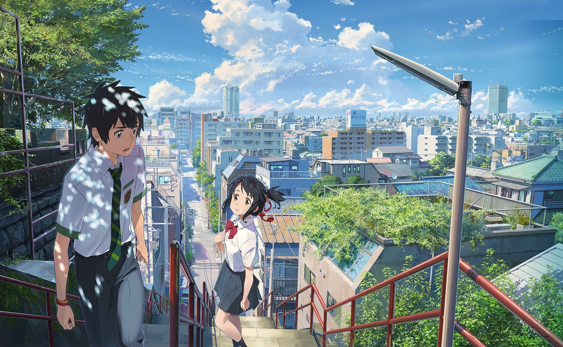 standing, people, built structure, child, Anime, stairs, taki tachibana, architecture, railing, 720P, building, two people, casual clothing, city, clouds, HD Wallpaper