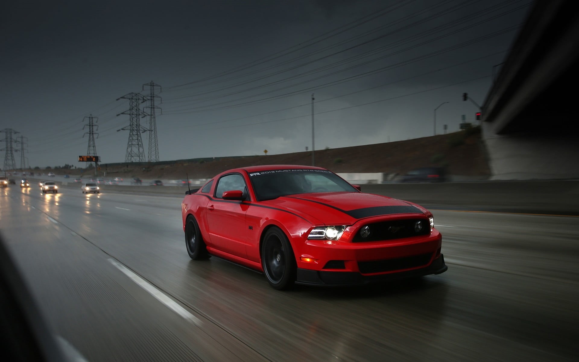 road, blurred motion, illuminated, speed, no people, 1080P, mode of transportation, night, red, motor vehicle, sky, nature, land vehicle, city, Ford Mustang, HD Wallpaper