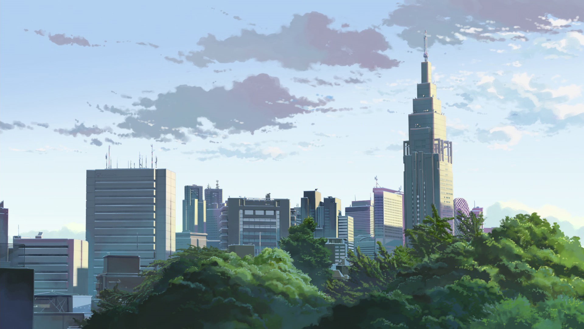 no people, Makoto Shinkai, architecture, built structure, tree, The Garden of Words, building exterior, plant, tower, skyscraper, cloud - sky, nature, cityscape, HD Wallpaper