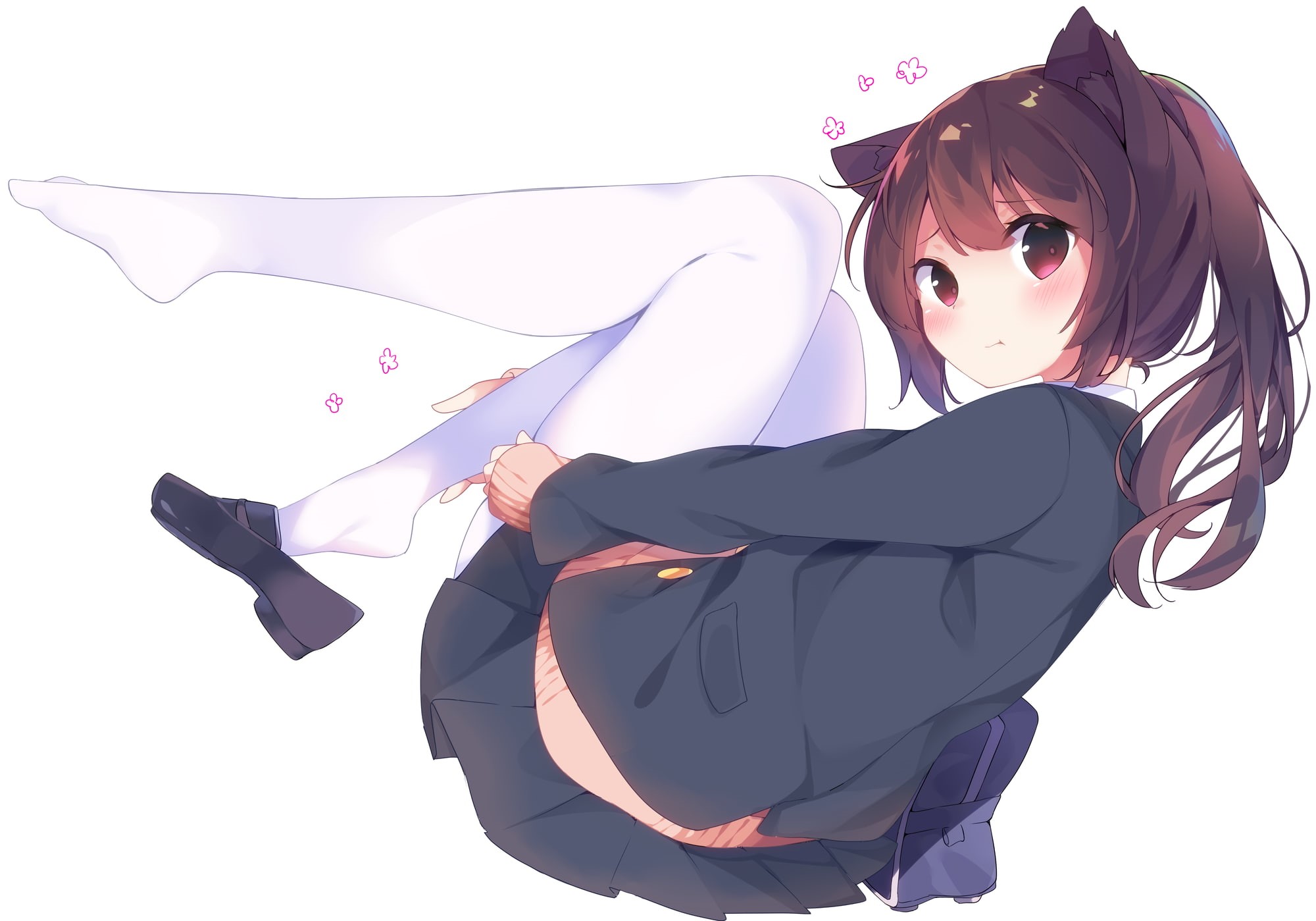 school uniform, thigh-highs, backpacks, white background, 1080P, animal ears, Nylons, neko loli, HD Wallpaper