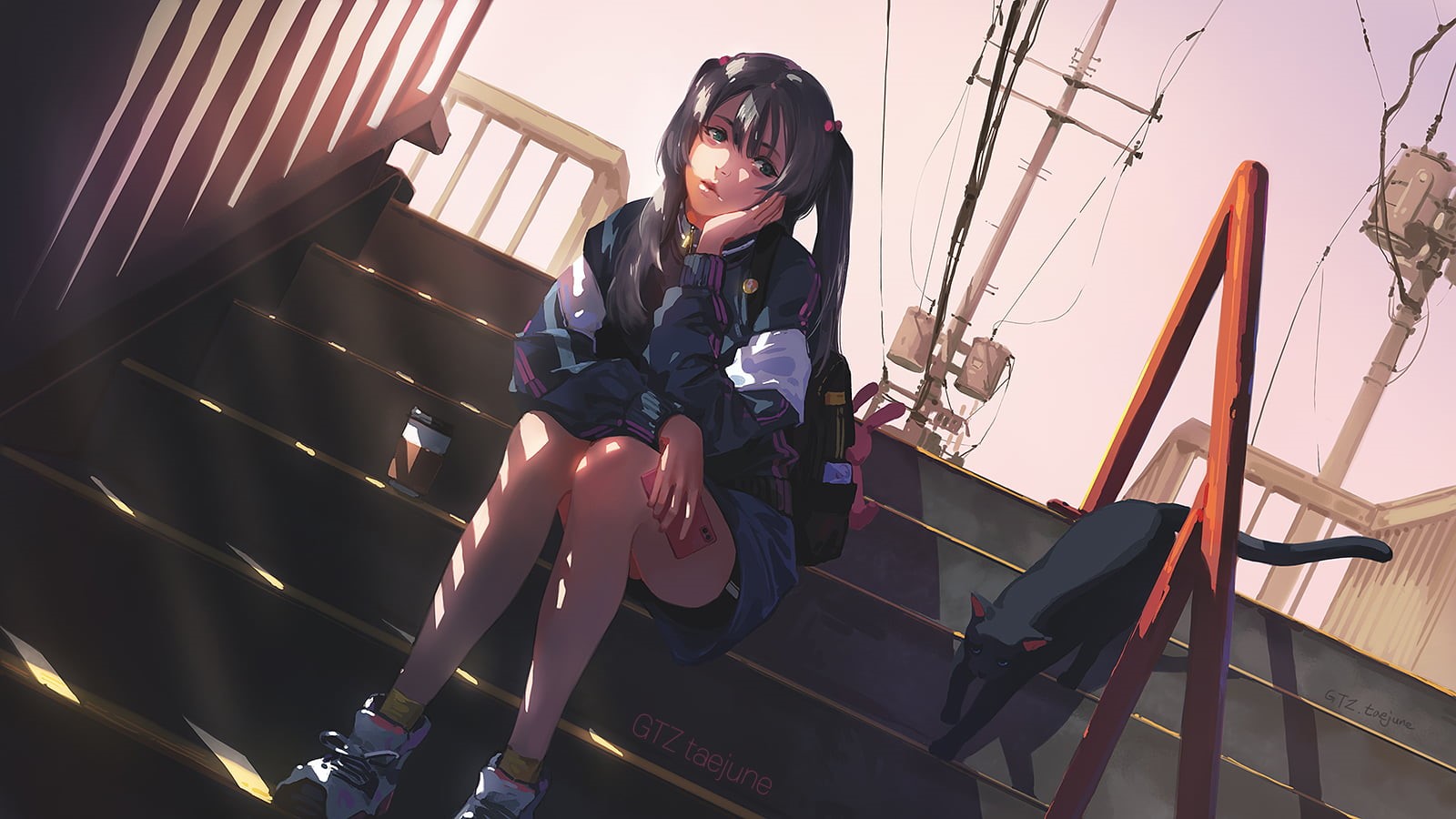 looking away, hand on face, illustration, cats, anime, 720P, portrait, pigtails, Taejune Kim, stairs, drawing, sneakers, bangs, sky, touching face, long hair, HD Wallpaper