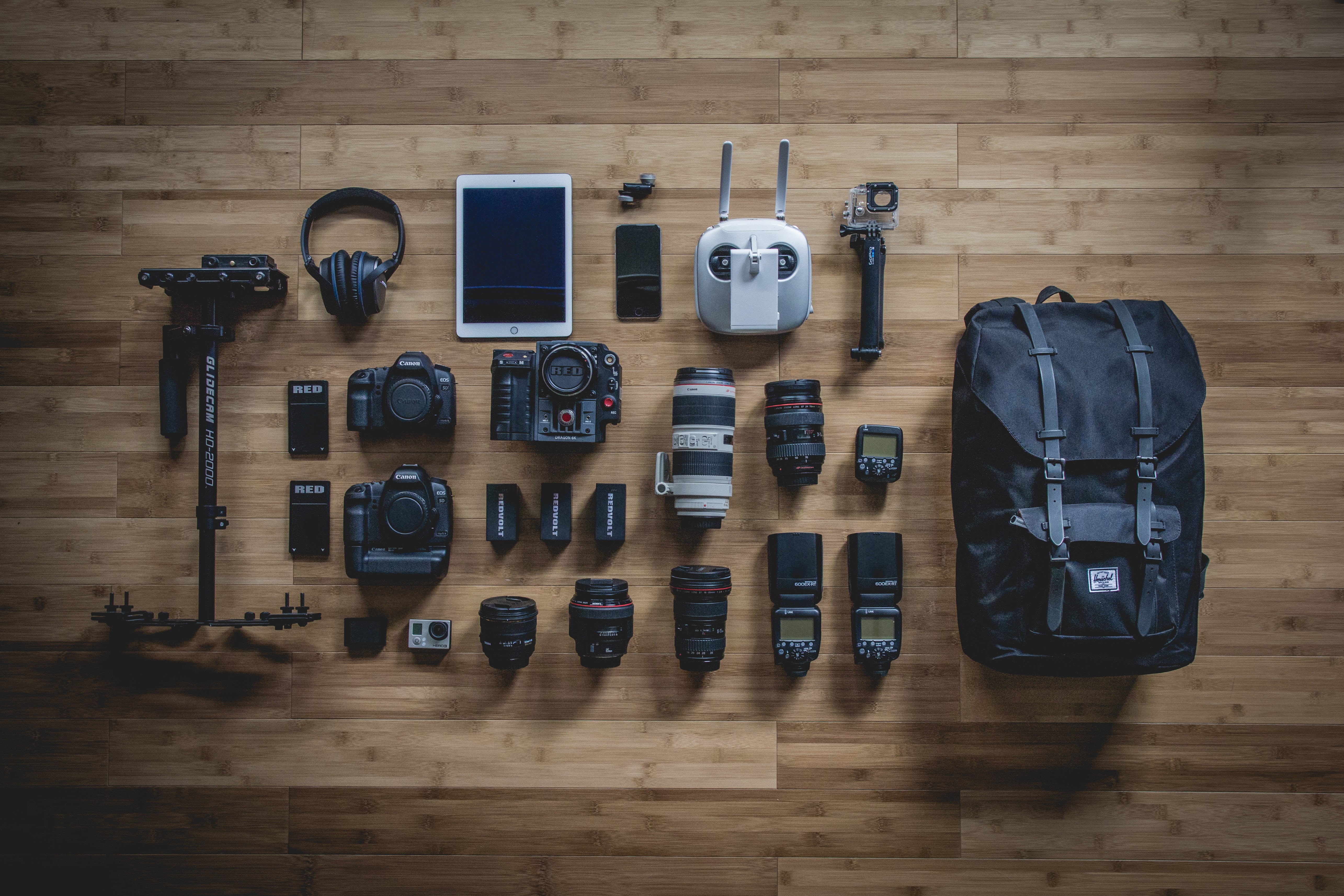 order, high angle view, objects, large group of objects, action, photography themes, close-up, lens, equipment, arrangement, directly above, black, wooden, HD Wallpaper