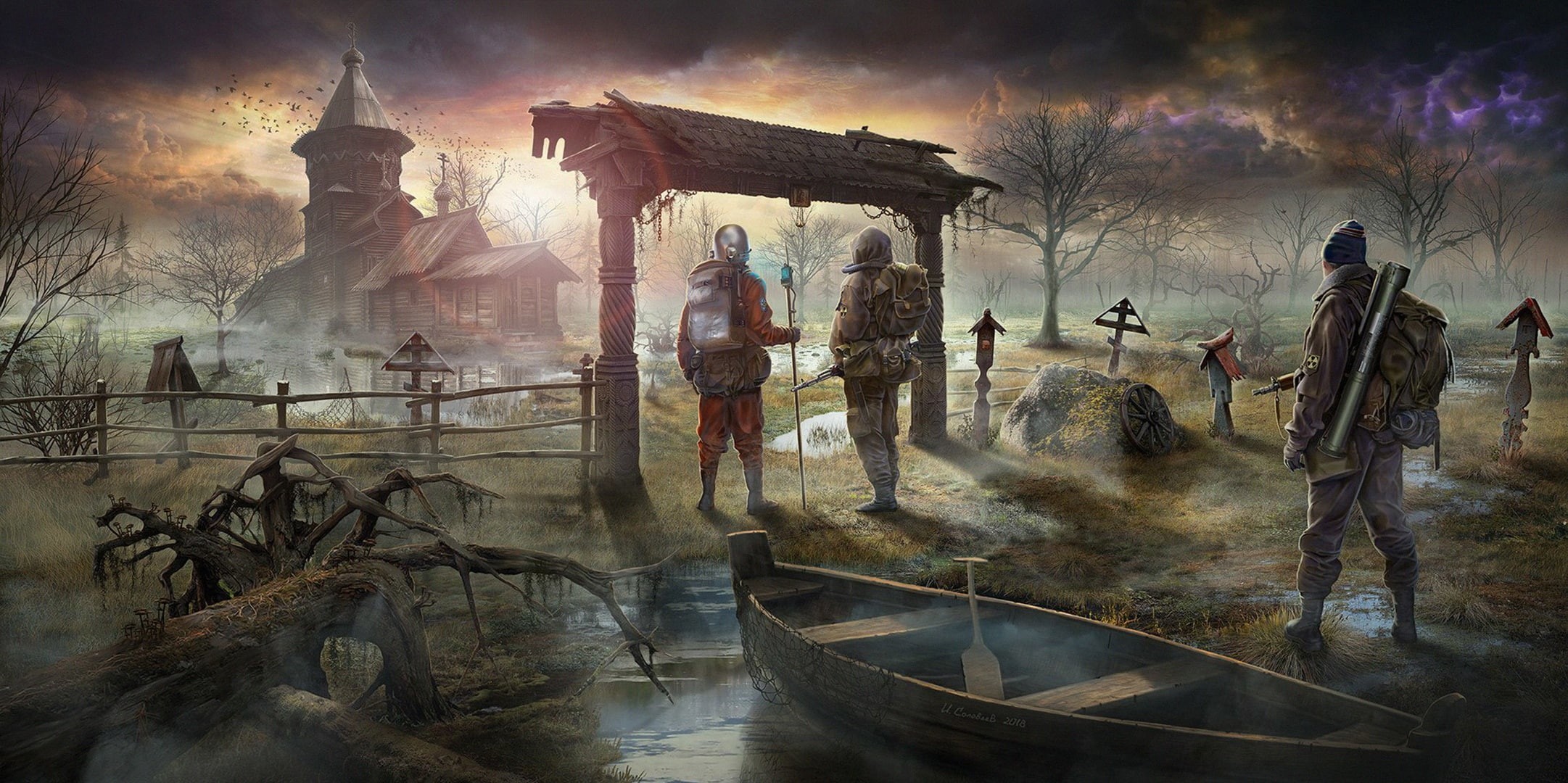 art, cherkovi, swamp, boat, Stalker, soldiers, 1080P, Chernobyl, HD Wallpaper