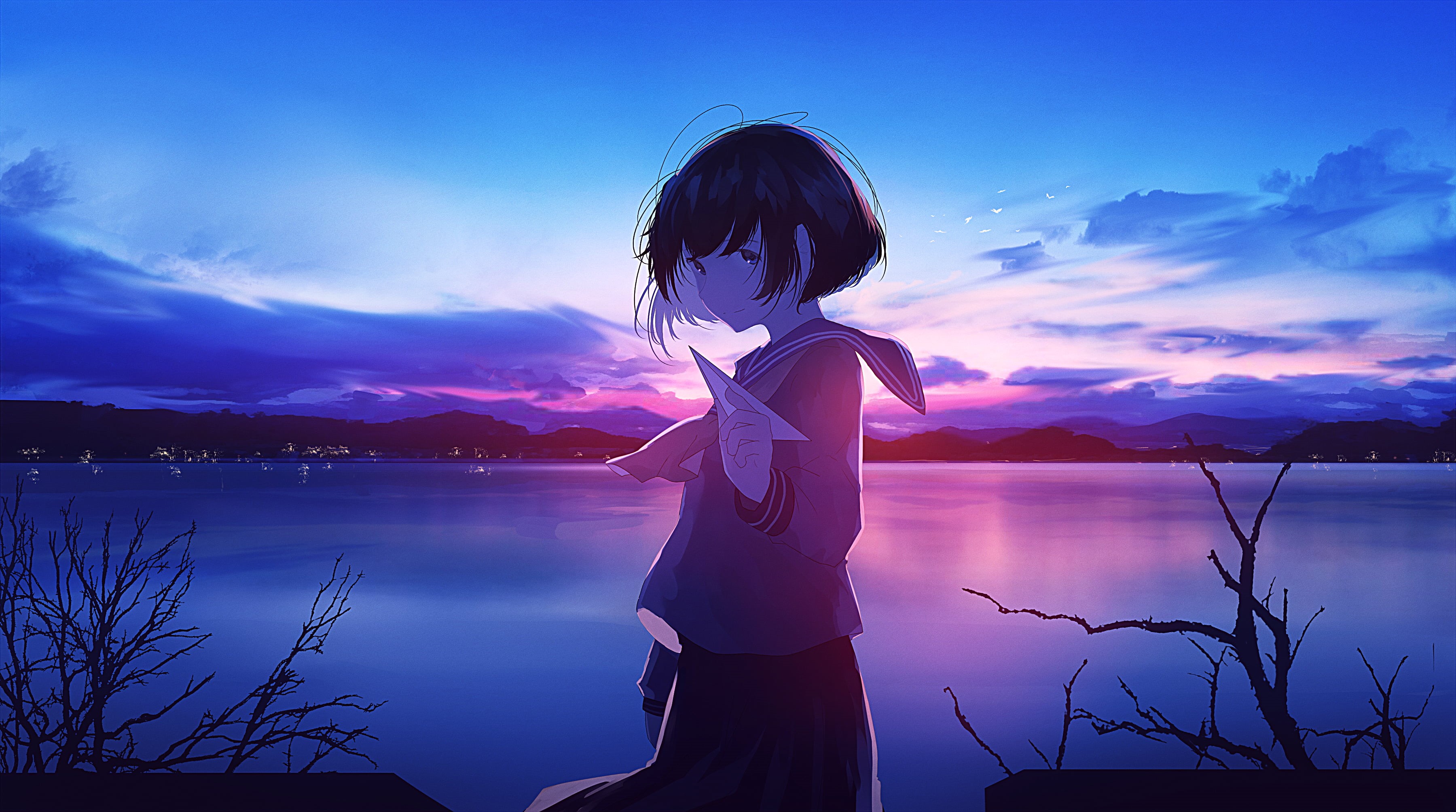 artwork, sunset, women, lake, paper planes, clouds, smiling, digital art, 2D, sky, drawing, birds, branch, anime girls, schoolgirl, original characters, HD Wallpaper