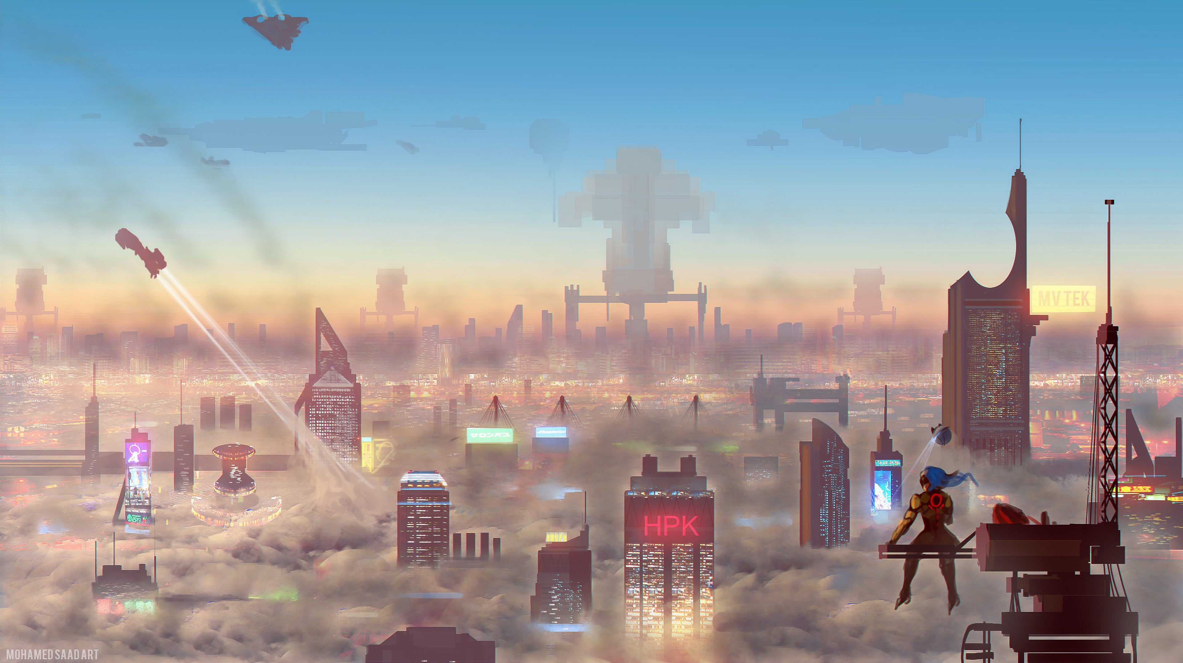 landscape, women, drawing, building, skyscape, digital, futuristic city, sky, mist, spaceship, clouds, fantasy art, digital painting, lights, tower, environment, HD Wallpaper