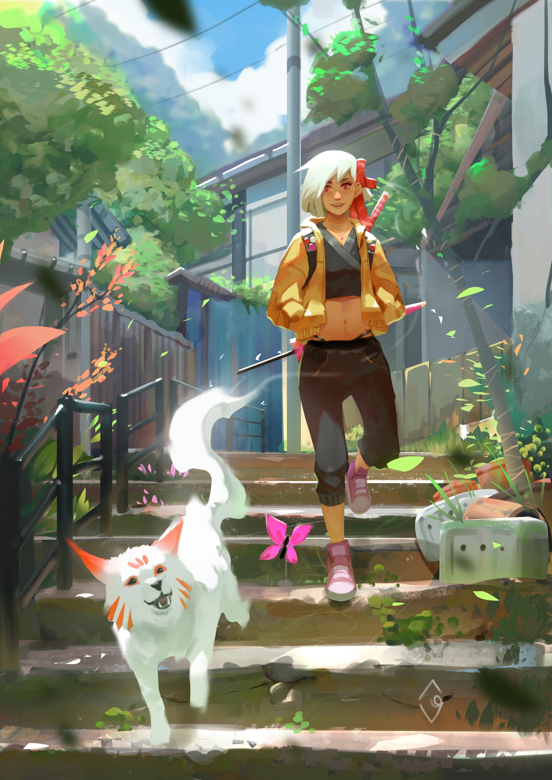 digital art, pet, illustration, pants, butterfly, sneakers, white hair, dog, smiling, original characters, women, Fahmi Fauzi, 2K, jacket, portrait display, Phone HD Wallpaper