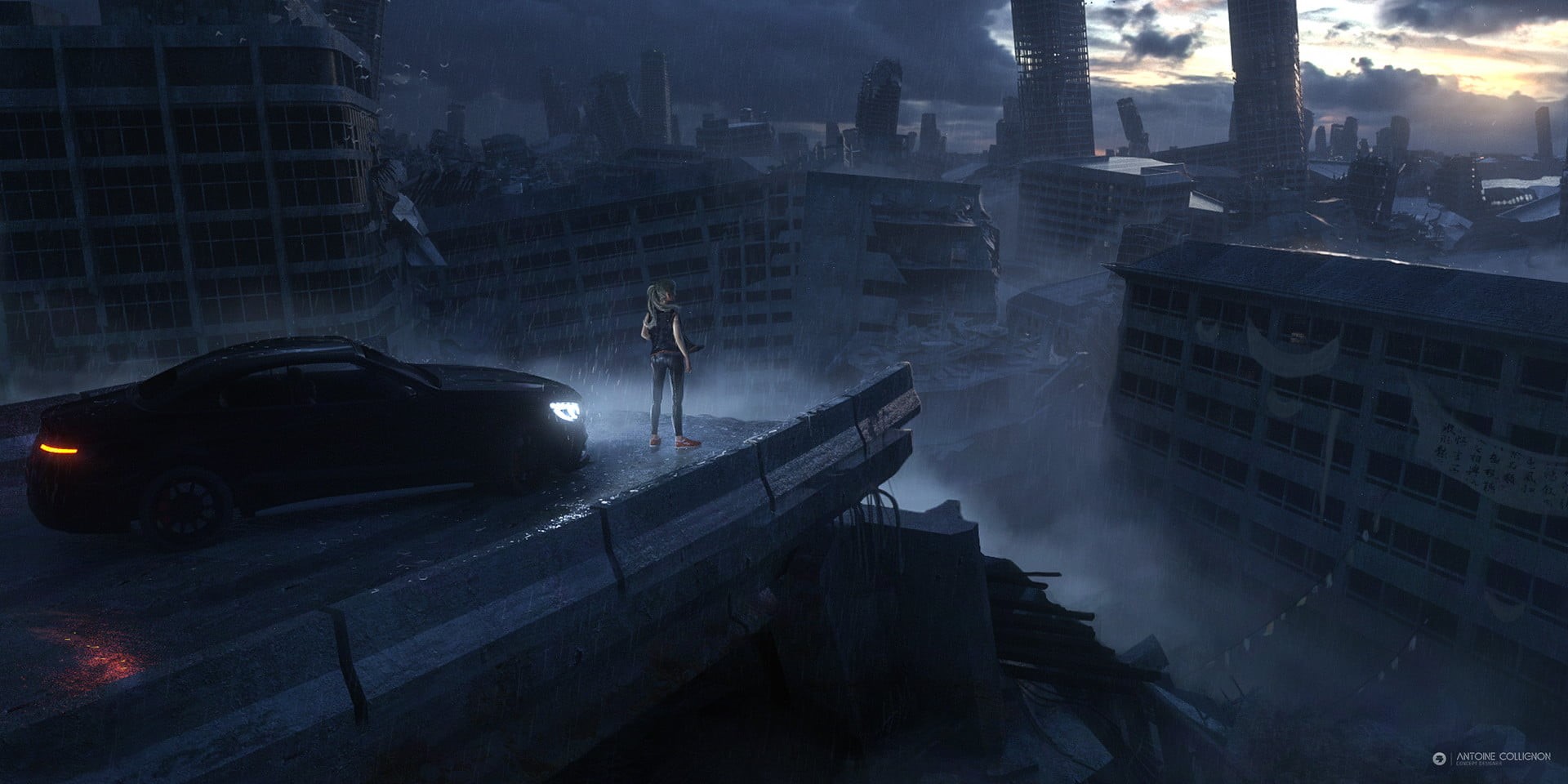 digital, environment, cityscape, outdoors, landscape, women, ruin, dusk, 1080P, artwork, science fiction, city, apocalyptic, ruins, dark, car, fantasy art, HD Wallpaper