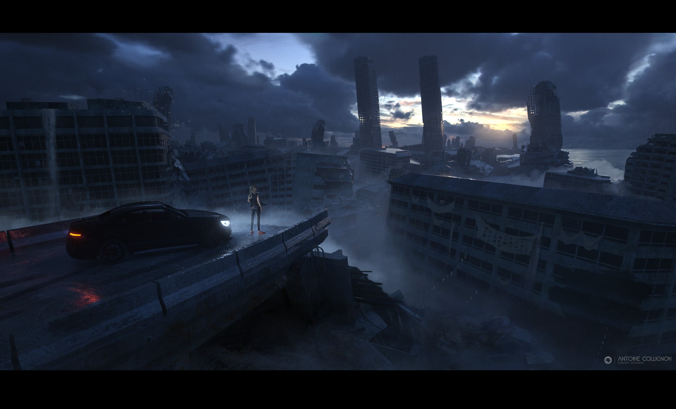 ArtStation, artwork, ruins, cityscape, dark, digital art, science fiction, Antoine Collignon, sky, car, women, 1080P, science fiction women, apocalyptic, HD Wallpaper