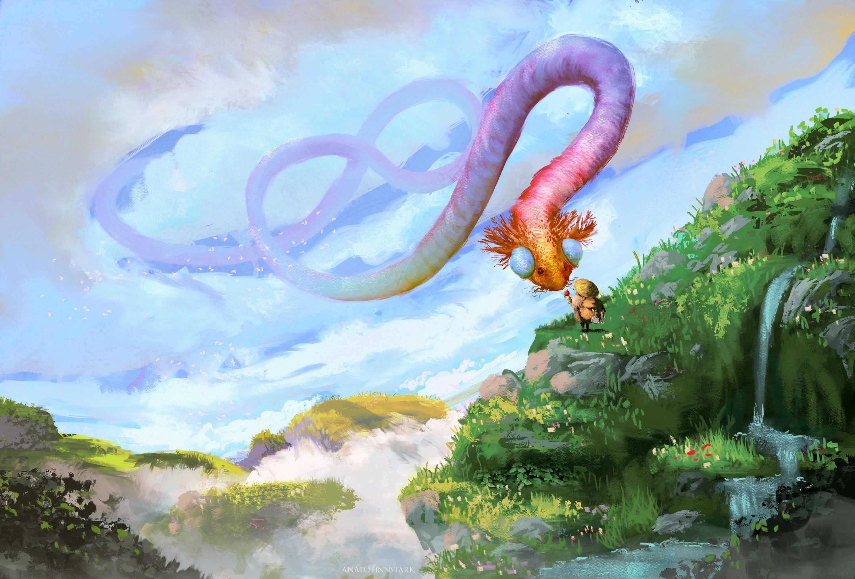apples, creature, sky, clouds, artwork, fantasy art, Anato Finnstark, Fantasy Men, mountains, hat, birds, stream, 2K, backpacks, digital art, illustration, HD Wallpaper
