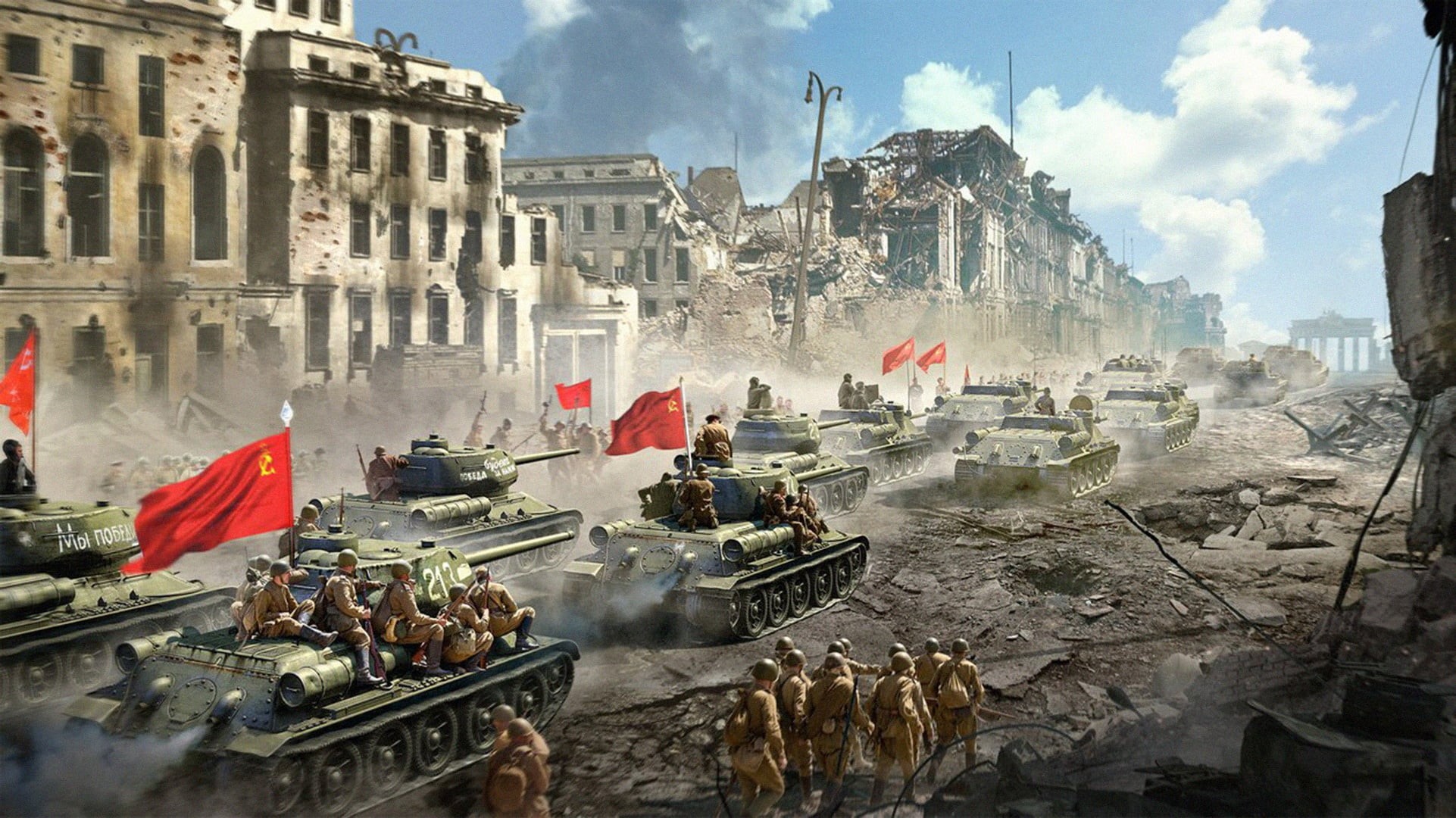 patriotism, the past, travel, group of people, city, building, cloud - sky, flag, tanks, smoke - physical structure, flags, building exterior, HD Wallpaper