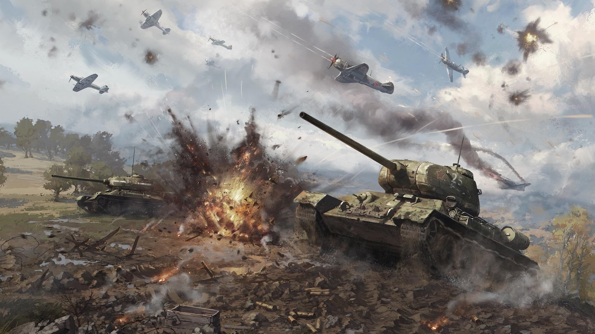 The sky, battle, Gaijin Entertainment, conflict, aggression, nature, Iron, Medium Tanks, missile, camouflage, Art, The explosion, 1080P, The situation, HD Wallpaper