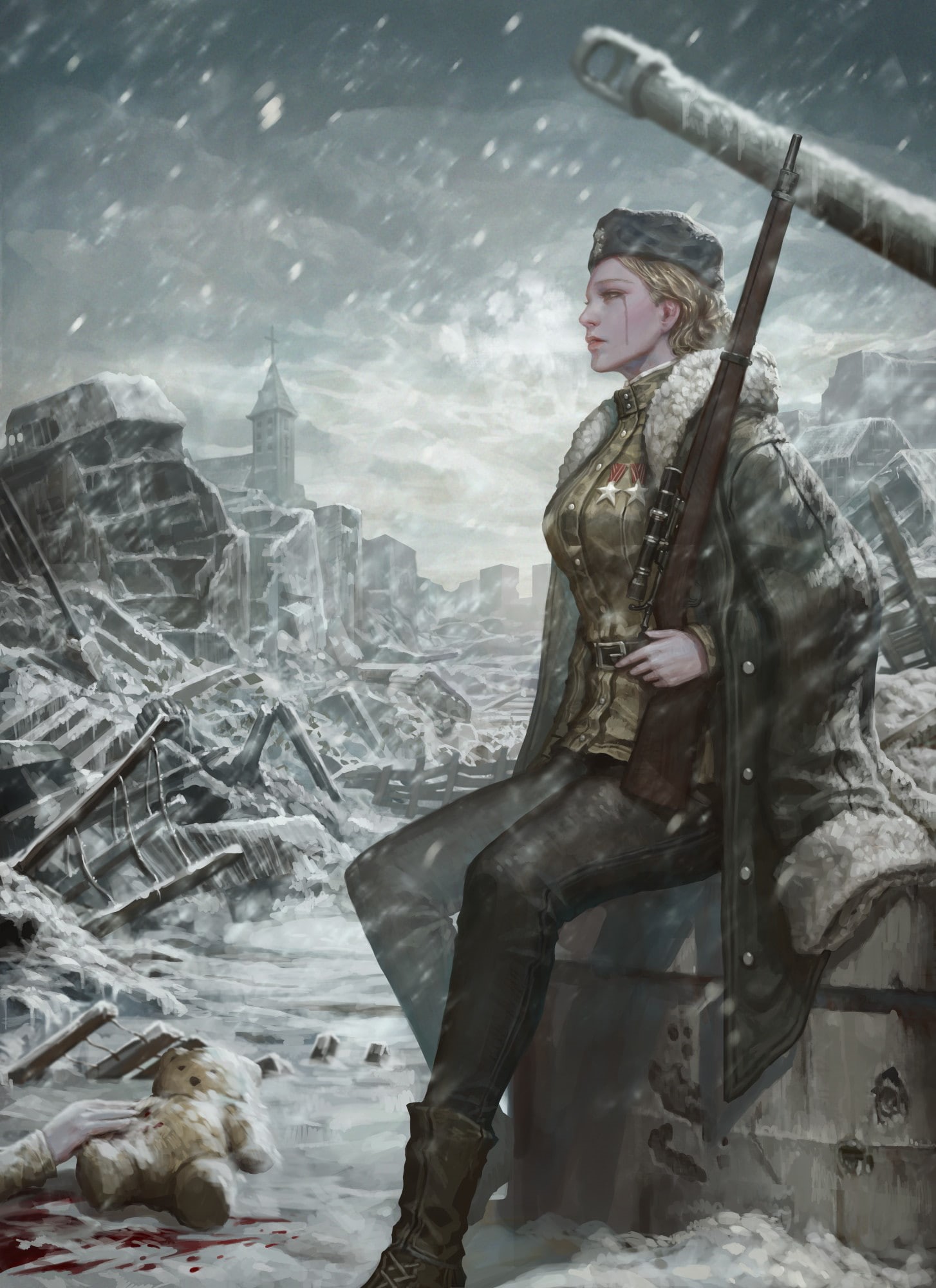 girls with guns, architecture, young women, digital composite, beautiful woman, USSR, full length, warm clothing, women, World War II, one person, snowing, Phone HD Wallpaper