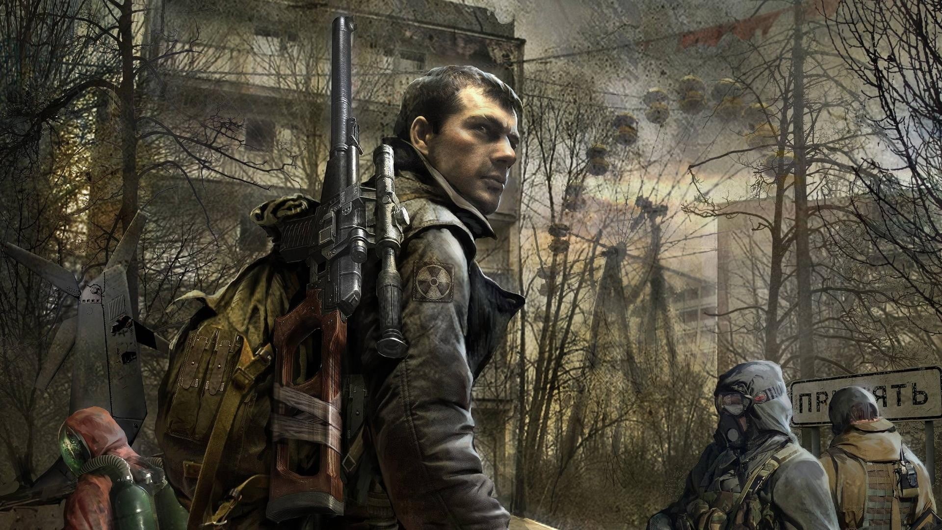 man, riffle, artwork, S.T.A.L.K.E.R., building exterior, built structure, lifestyles, game, bare tree, fps, outdoors, leisure activity, Major Alexander Degtyarev, HD Wallpaper