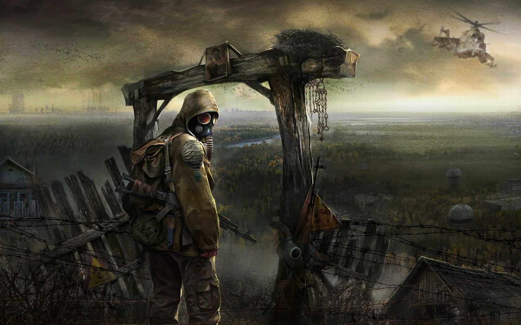 gas mask, one person, artwork, gas masks, disguise, S.T.A.L.K.E.R.: Shadow of Chernobyl, architecture, nature, smoke - physical structure, spooky, adult, HD Wallpaper