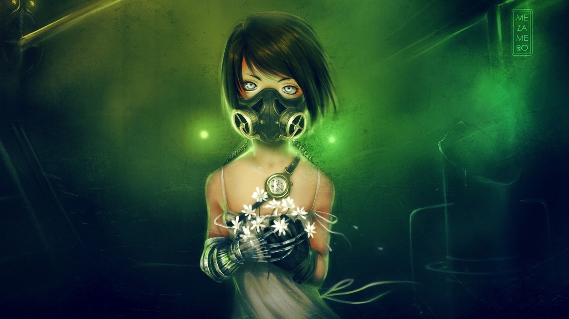 cyberpunk, short hair, gas masks, gray eyes, futuristic, pipes, black hair, prosthesis, flowers, 1080P, pressure sensor, gloves, wires, straps, mask, mezamero, HD Wallpaper