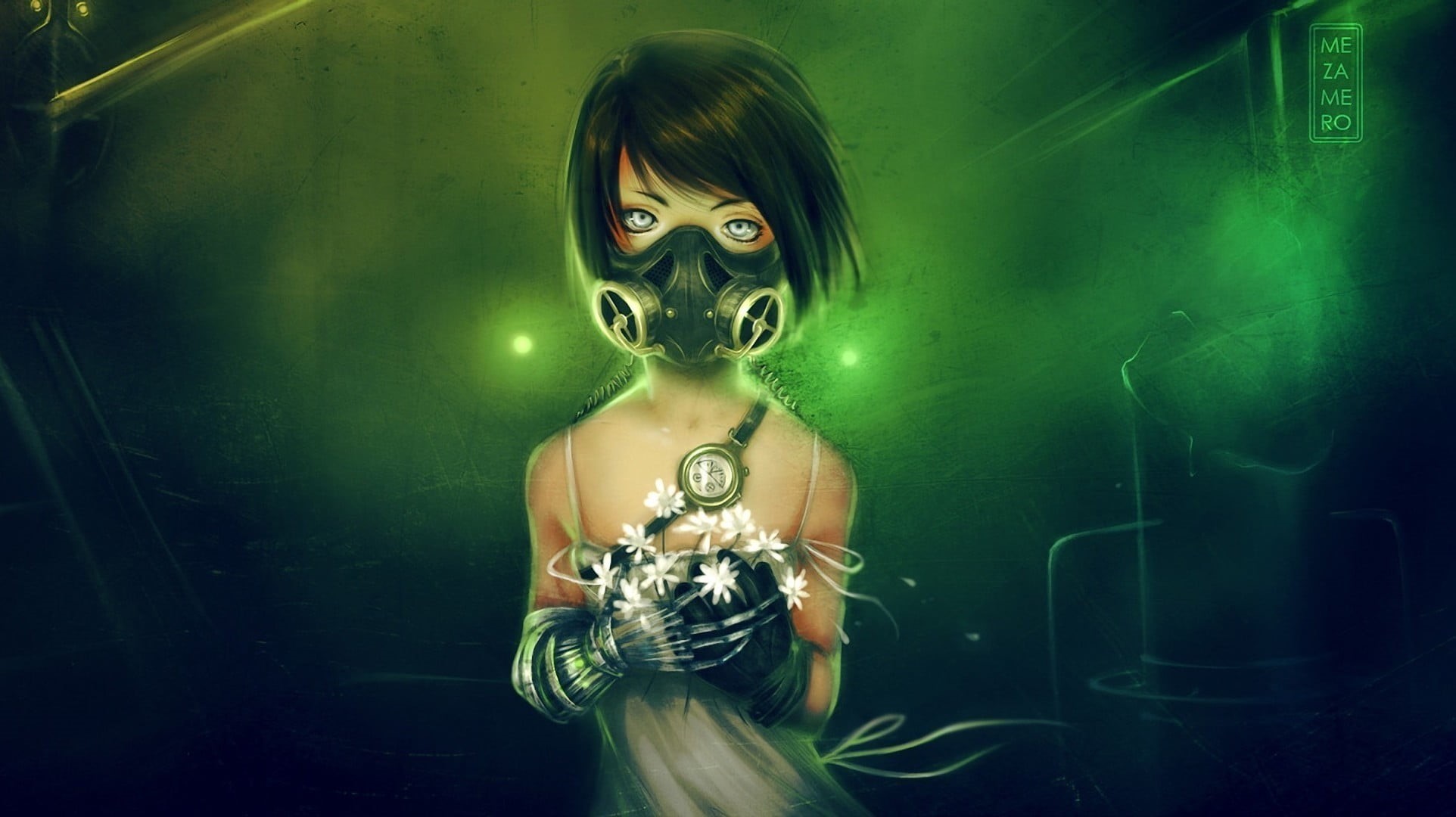 pressure sensor, flowers, lights, underground, digital composite, mezamero, short hair, nightie, gas, white, mask, gas masks, holding, wires, waist up, HD Wallpaper