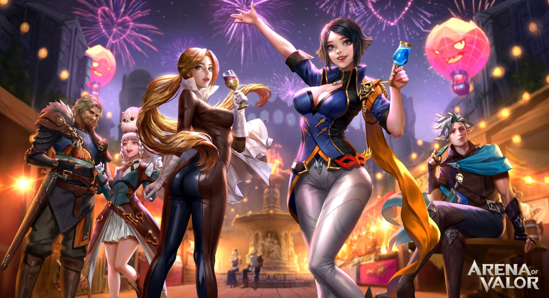 night, 1080P, blonde, blue eyes, group of people, city, city lights, weapon, Jungmin Jin, women, dark hair, smiling, bodysuit, wine, drawing, roasted chicken, HD Wallpaper