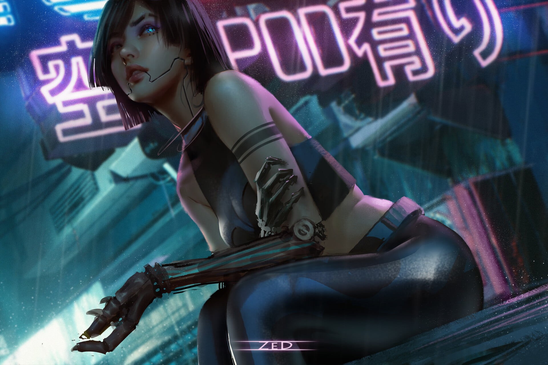 1080P, drawing, cyberpunk, prosthesis, neon glow, glowing eyes, rain, women, Trungbui, HD Wallpaper