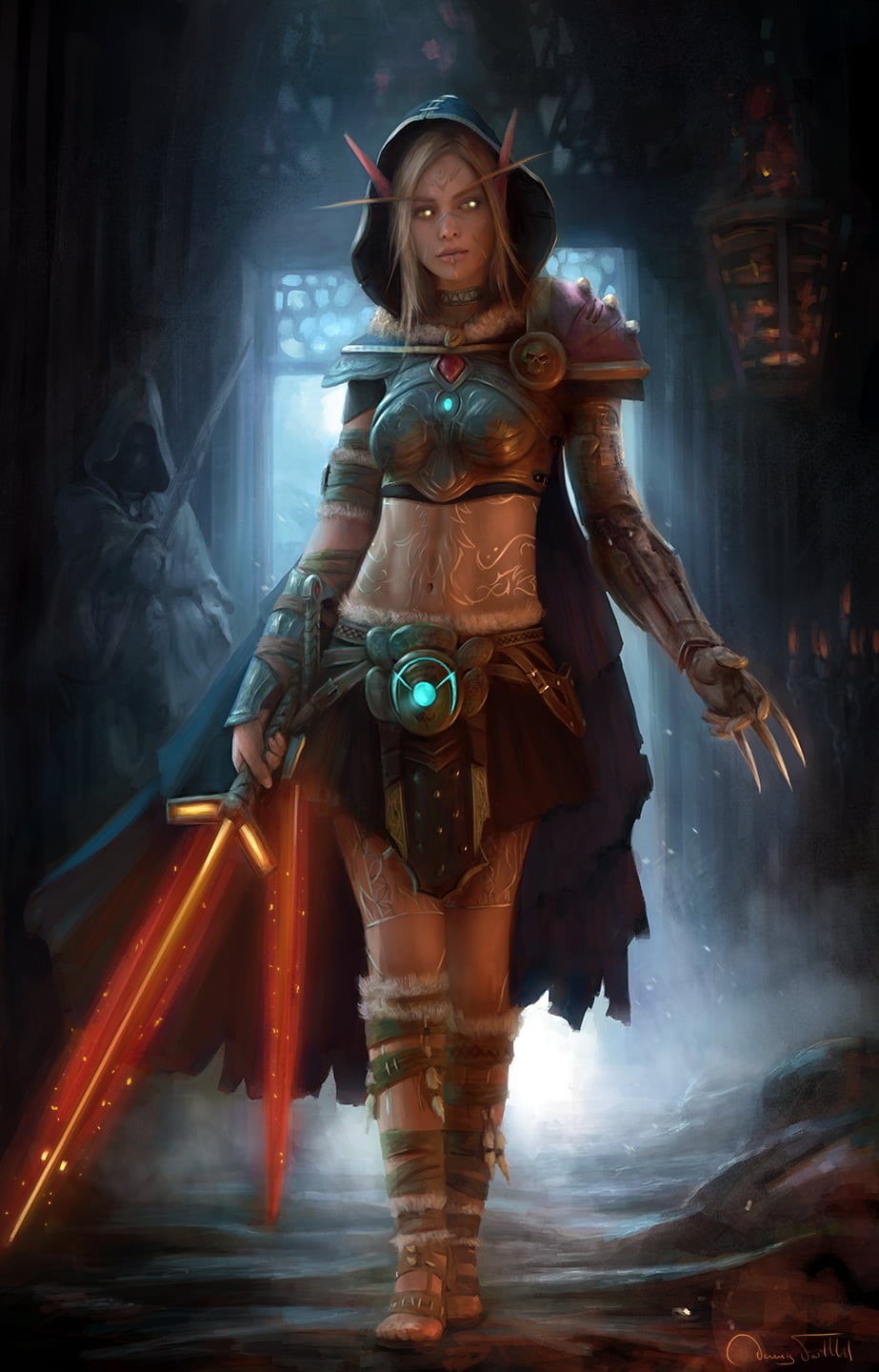 claws, drawing, elves, weapon, Jorsch, cape, tattoo, yellow eyes, skirt, sandals, sword, armor, hood, blonde, warrior, glowing, women, 720P, Phone HD Wallpaper
