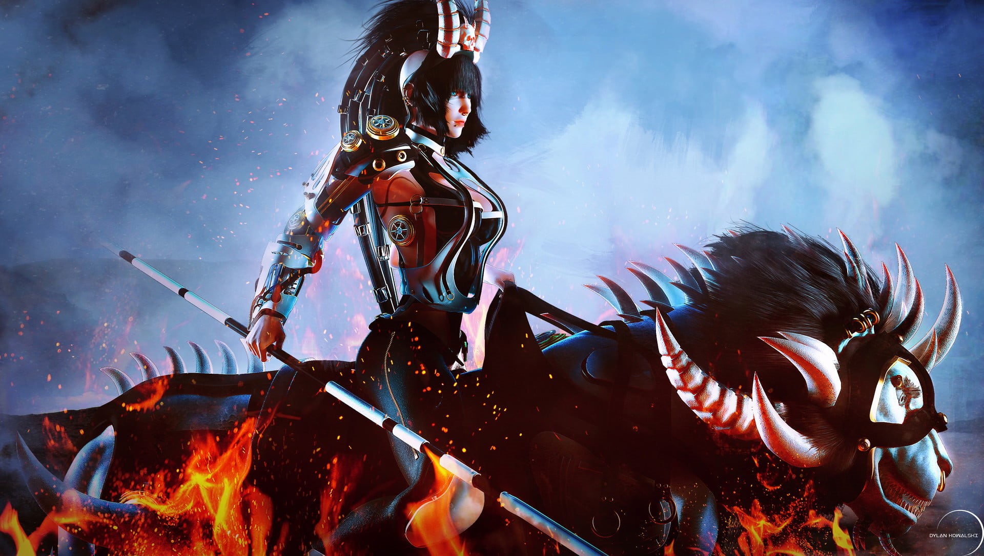 skull, long hair, cyberpunk, looking away, weapon, blue eyes, sparks, 1080P, horns, fire, staff, cyborg, women, prosthesis, CGI, animals, dark hair, Dylan Kowalski, HD Wallpaper