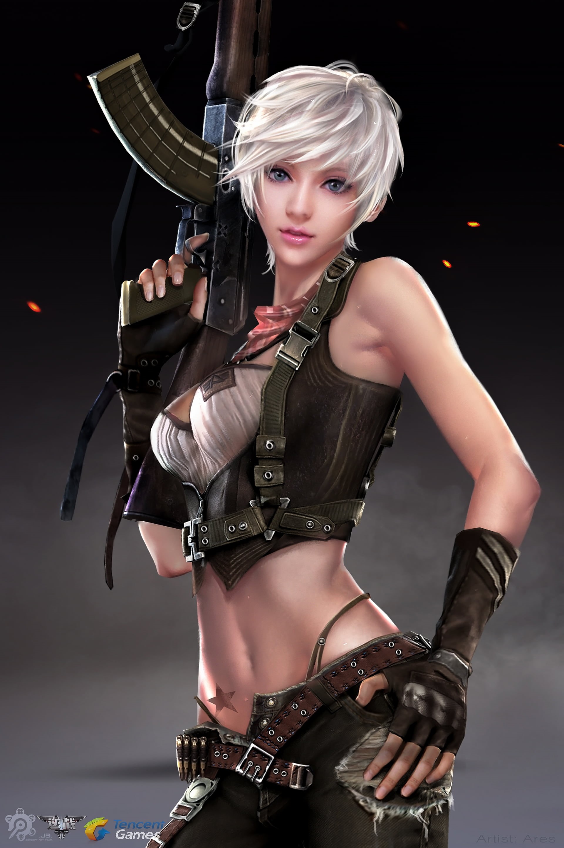 simple background, gloves, short hair, blue eyes, silver hair, 2K, belt, pants, tattoo, bullet, sparks, assault rifle, weapon, makeup, army gear, lipstick, Phone HD Wallpaper
