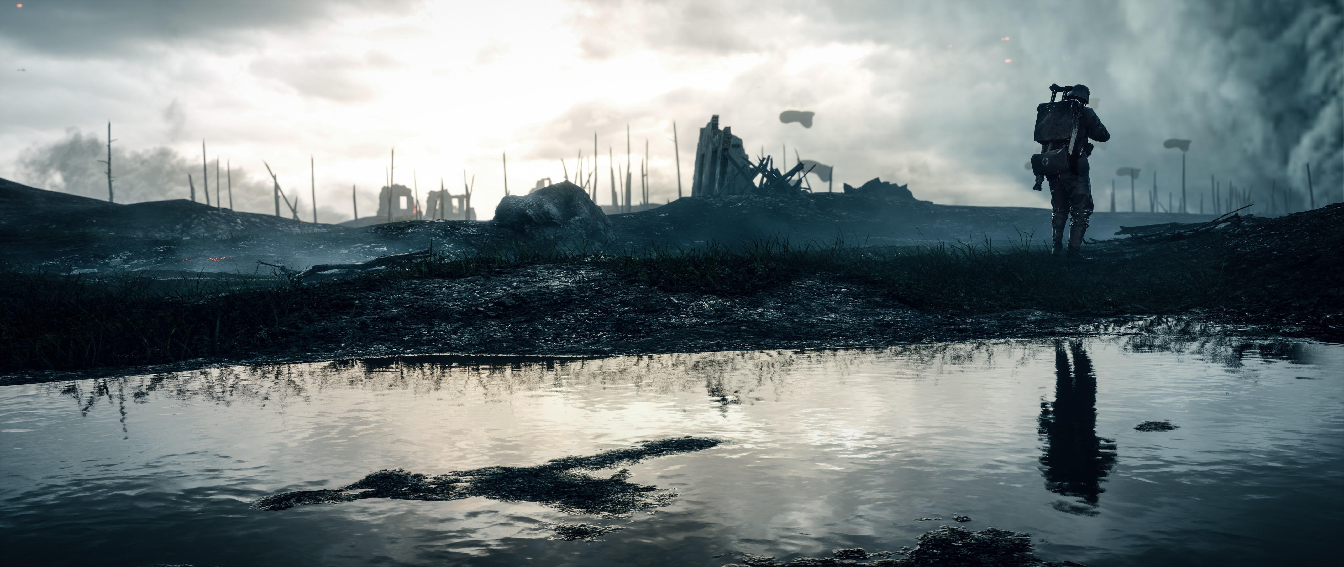 video games, water, sky, land, beauty in nature, rear view, looking at view, one person, rock - object, cover, EA DICE, war, Battlefield 1, cloud - sky, HD Wallpaper