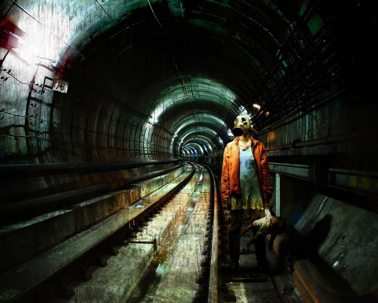 720P, indoors, train, full length, day, rear view, one person, metro, industry, transportation, doll, public transportation, railroad track, gas masks, HD Wallpaper
