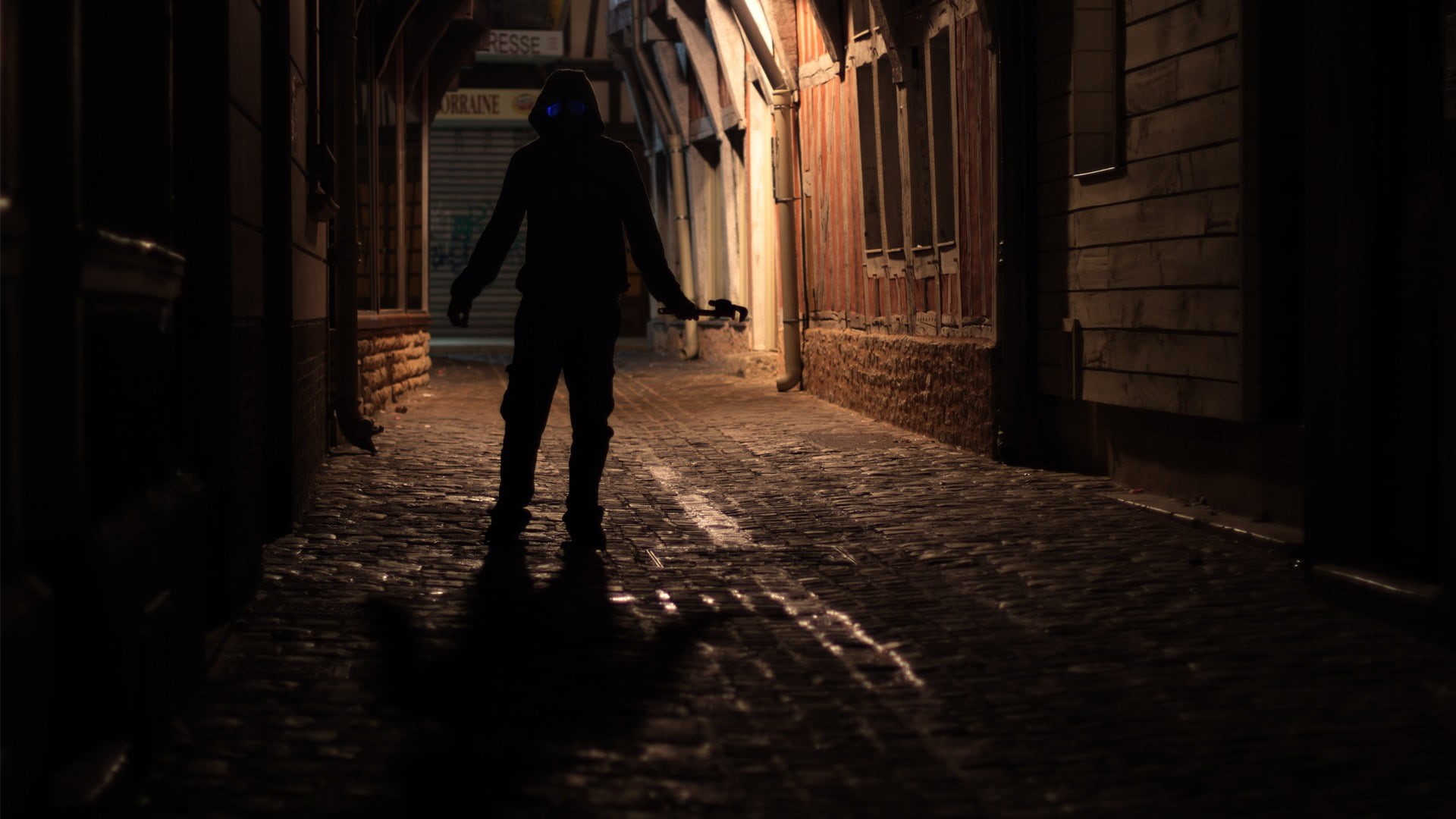1080P, building, night, building exterior, paving stone, gas masks, the way forward, footpath, city, cobblestone, guys, person, one person, standing, real people, HD Wallpaper