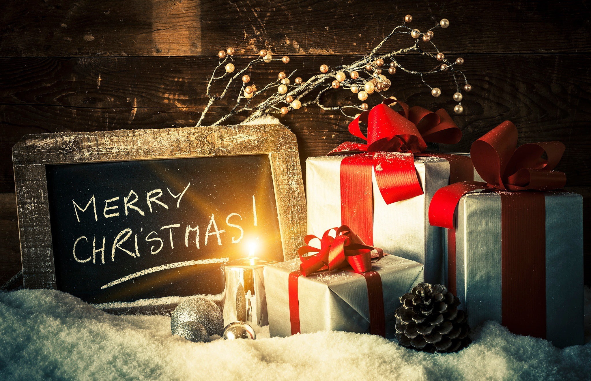 holiday, candle, branch, snow, bump, toys, 1080P, Christmas, box, new year, gifts, balls, Board, HD Wallpaper
