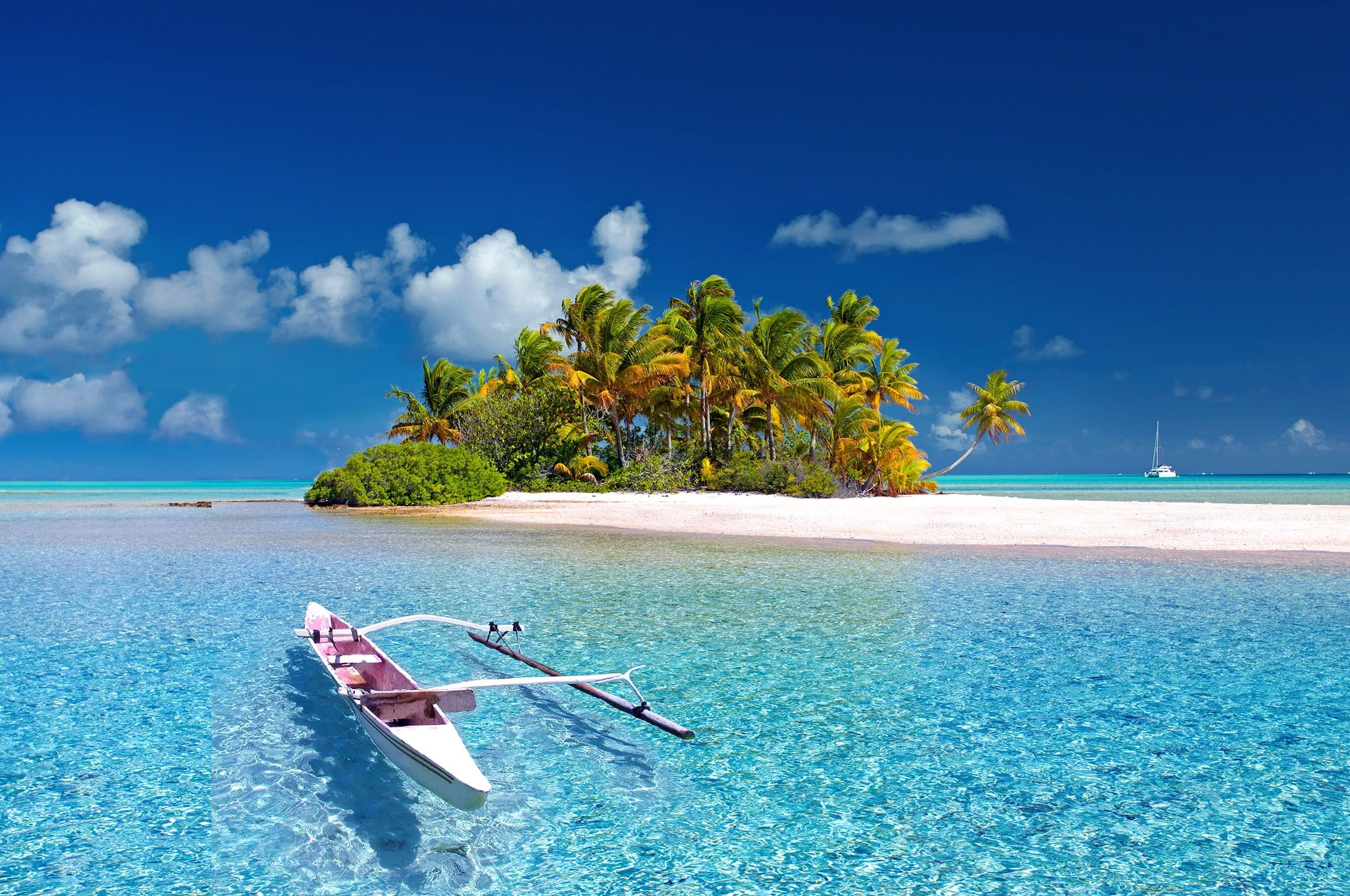 fakarava, row, tropical tree, relax, south sea, paradise, nature, no people, lagoon, 1080P, boat, white, pacific, land, sky, shore, cloud - sky, sea, transportation, HD Wallpaper