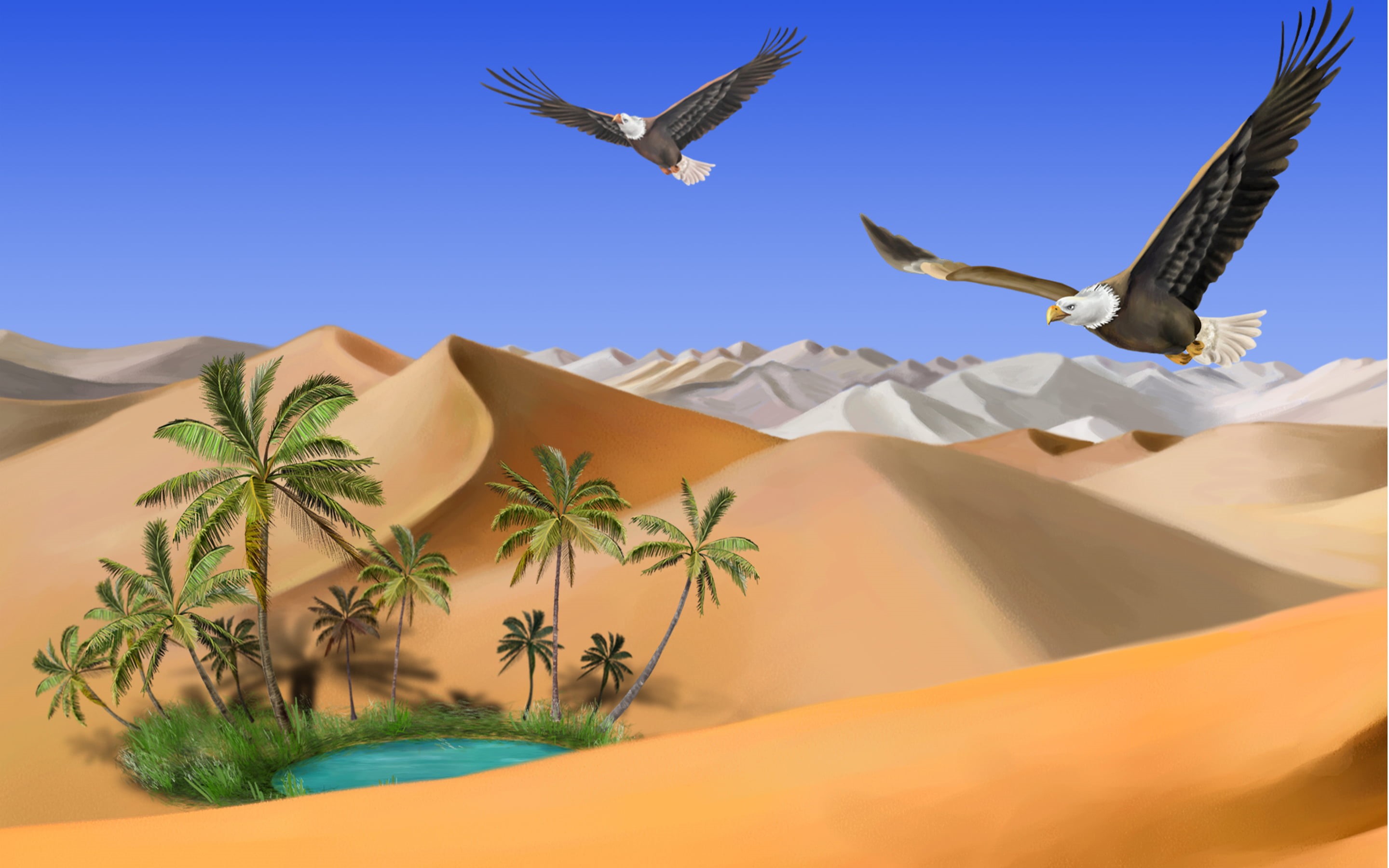 no People, land, bird, sky, travel Locations, day, spread wings, tropical Climate, sunlight, 2K, blue, tree, plant, animal wildlife, oasis, two, eagles, HD Wallpaper