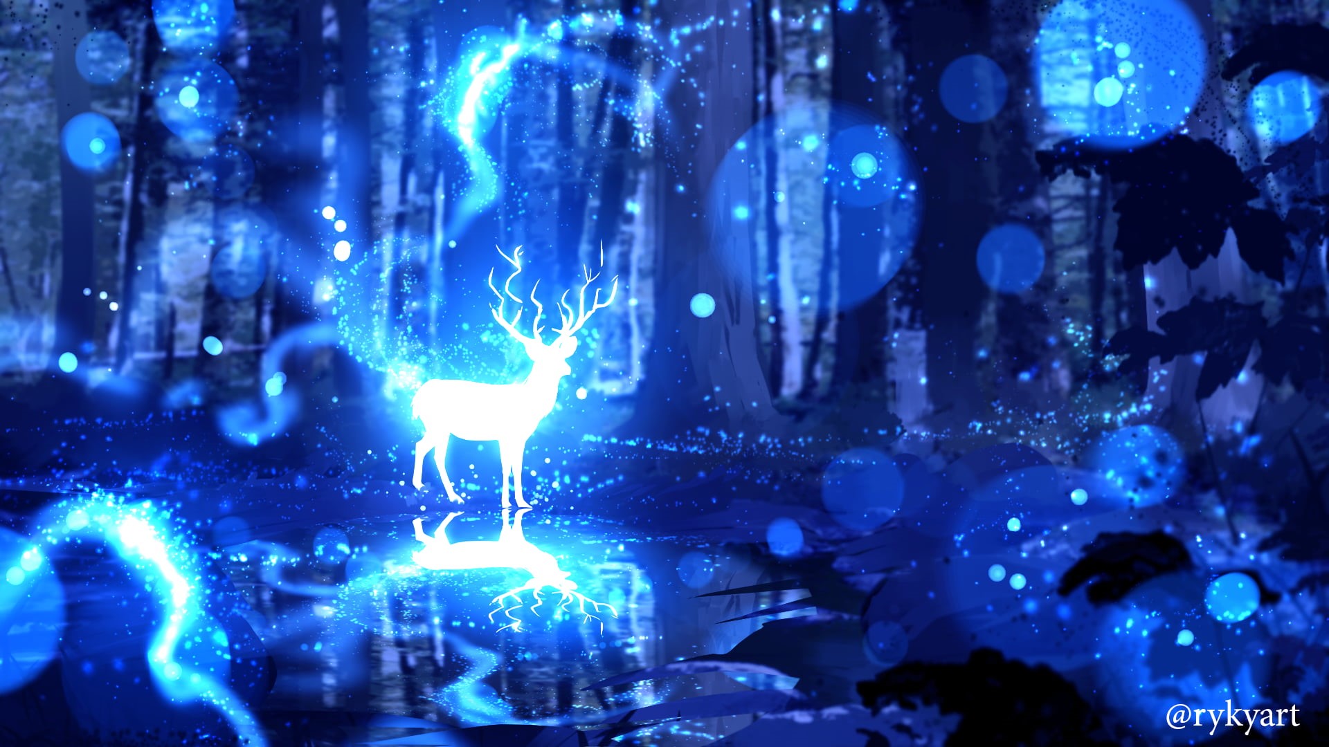 deer, animals, reflection, digital painting, blue, fantasy art, ryky, painting, water, white, digital art, 1080P, magic, trees, digital, forest, landscape, HD Wallpaper
