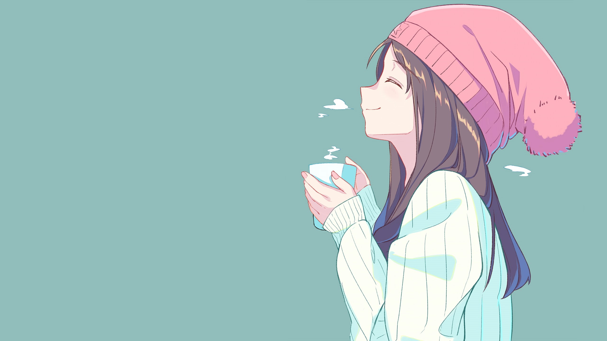 anime girls, profile, brunette, simple background, closed eyes, tea, looking away, holding, men, standing, one person, anime, cup, sky, young adult, blue, HD Wallpaper
