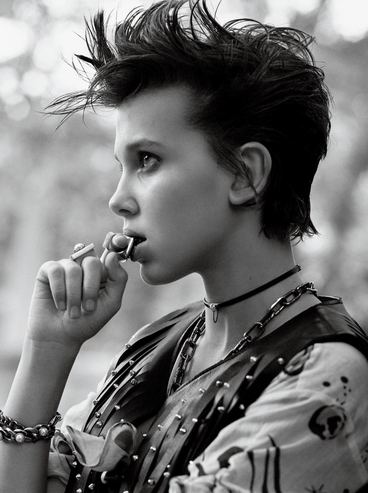 actress, Interview magazine, collar, looking into the distance, monochrome, bracelets, Millie Bobby Brown, 1080P, profile, dark hair, Phone HD Wallpaper